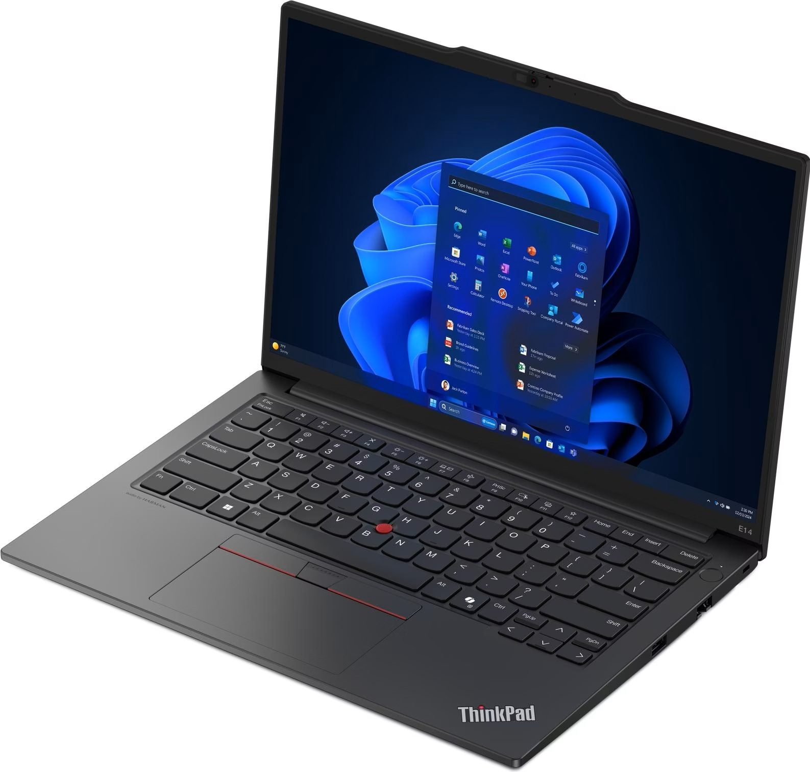 Schwarzer ThinkPad-Laptop, geöffnet, zeigt Windows 11. Tastatur sichtbar, roter Trackpoint. Blauer Windows-Hintergrund.