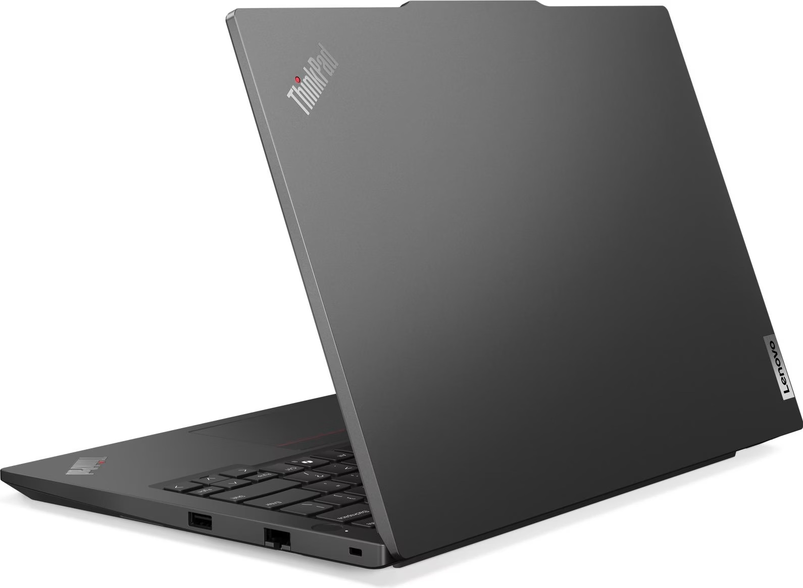 Ein dunkelgraues Lenovo ThinkPad-Laptop ist geöffnet. Der Bildschirm ist hochgeklappt. Die Tastatur ist sichtbar. Das ThinkPad-Logo befindet sich oben links.
