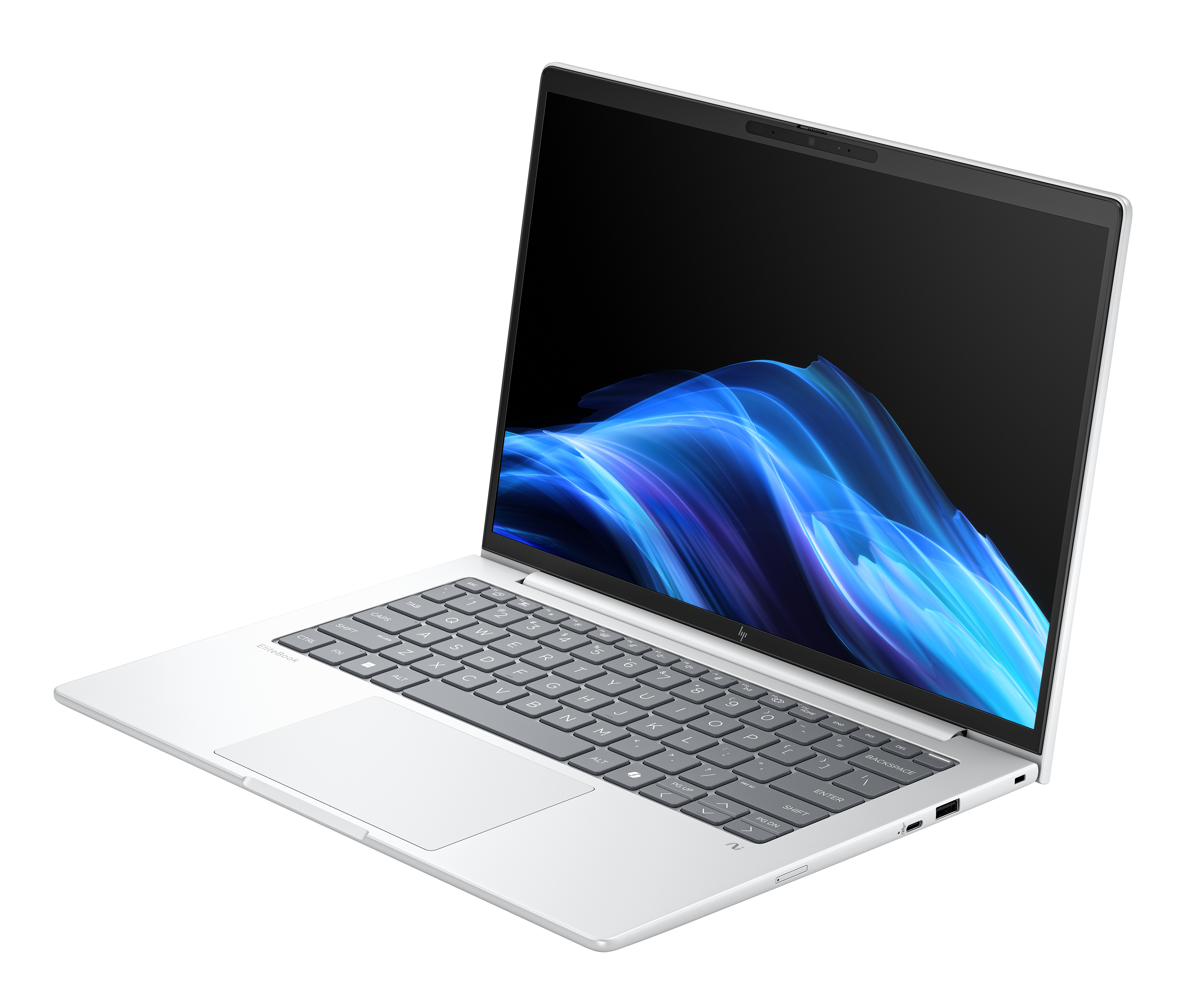 Laptop argento con schermo aperto che mostra arte astratta blu. Tastiera e trackpad visibili.