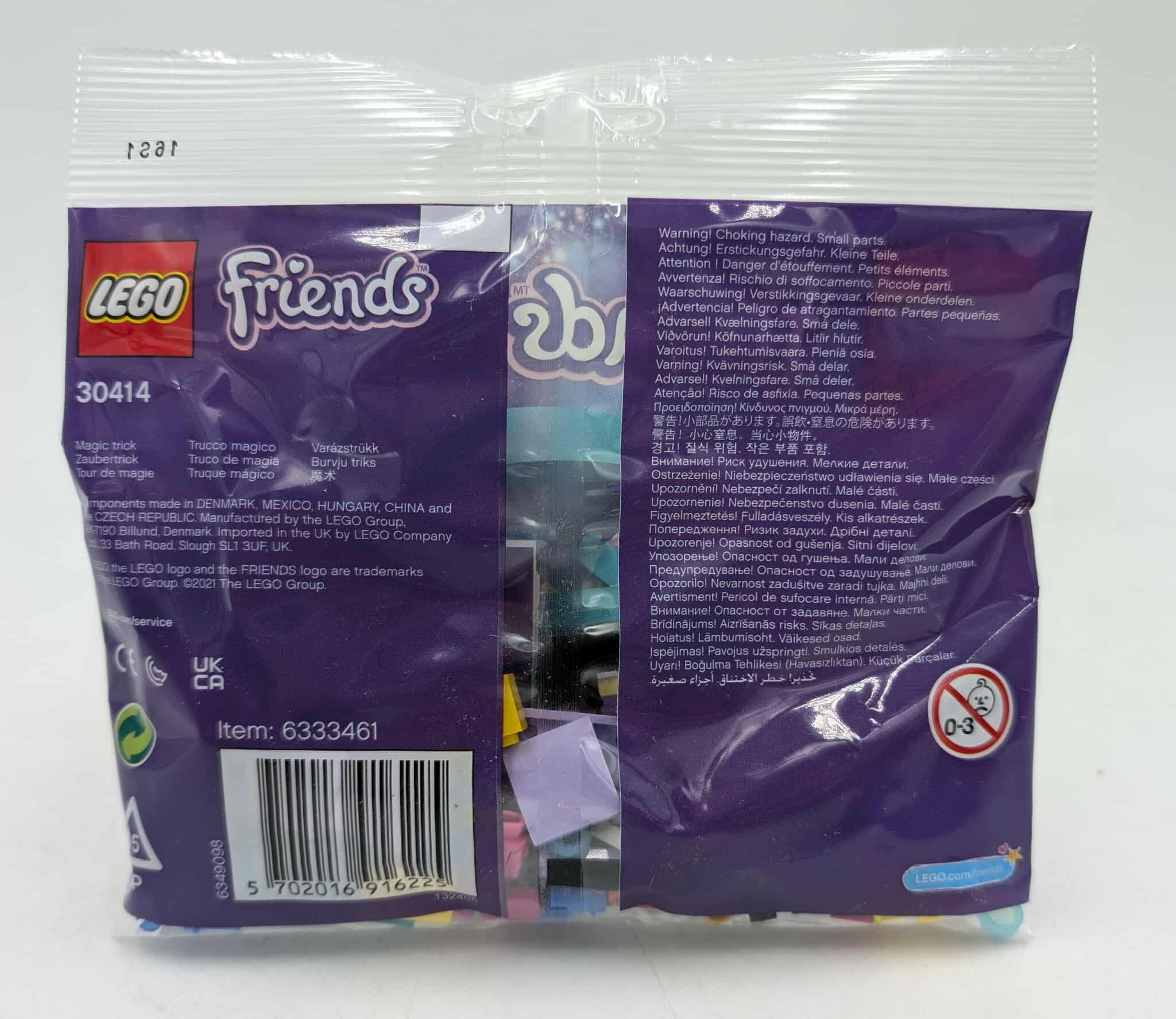 Opakowanie LEGO Friends ze szczegółami produktu i ostrzeżeniami, przezroczysta plastikowa część pokazuje kolorowe elementy.