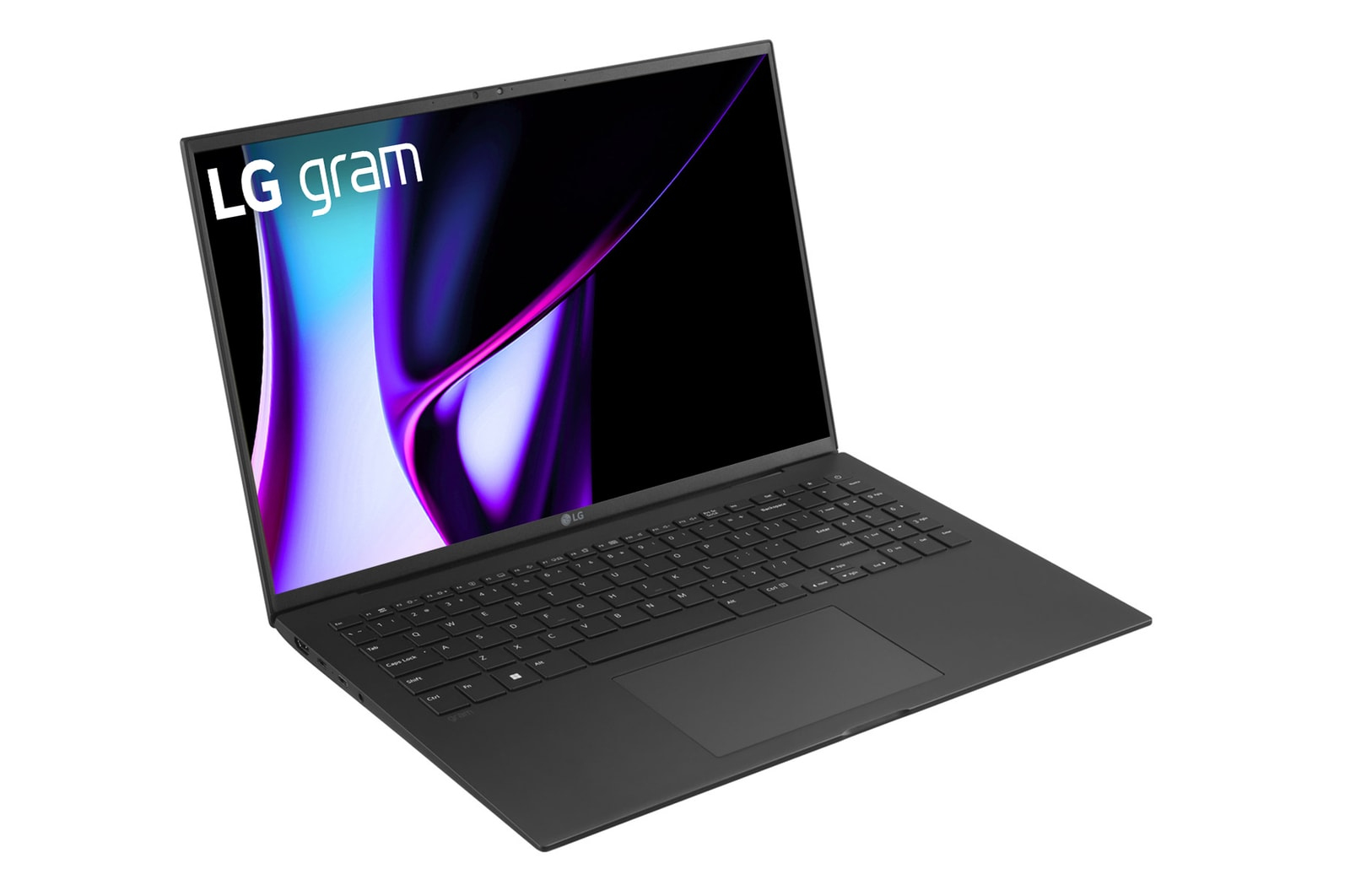 Laptop LG Gram nero su sfondo bianco. Schermo con design astratto. Tastiera visibile. Logo del marchio in alto a sinistra.