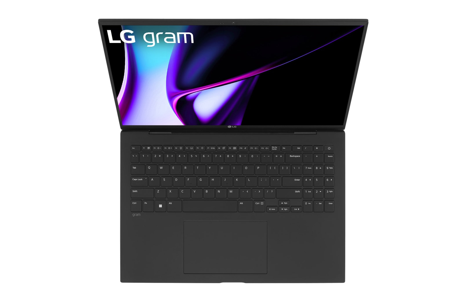 Laptop LG gram nero aperto, mostra tastiera e schermo con grafica viola e bianca. Lo sfondo è bianco.