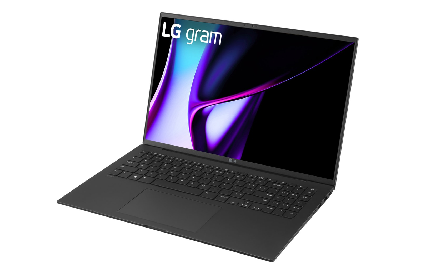 Un laptop LG gram nero è aperto, che mostra un'immagine astratta vibrante sullo schermo. Tastiera visibile. Lo sfondo è bianco.