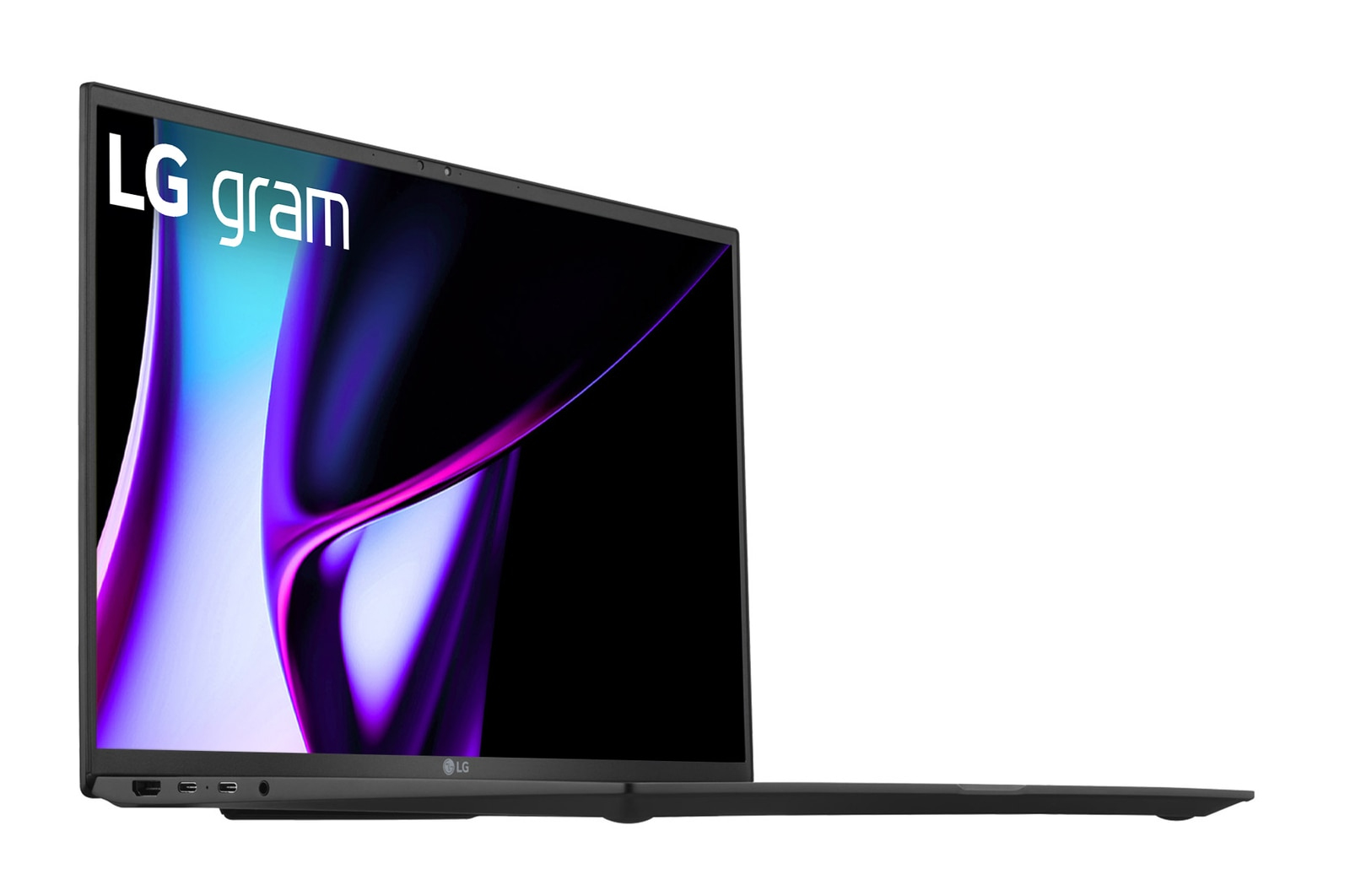 Un elegante laptop LG gram nero è aperto. Lo schermo mostra un design astratto viola e bianco su sfondo nero.
