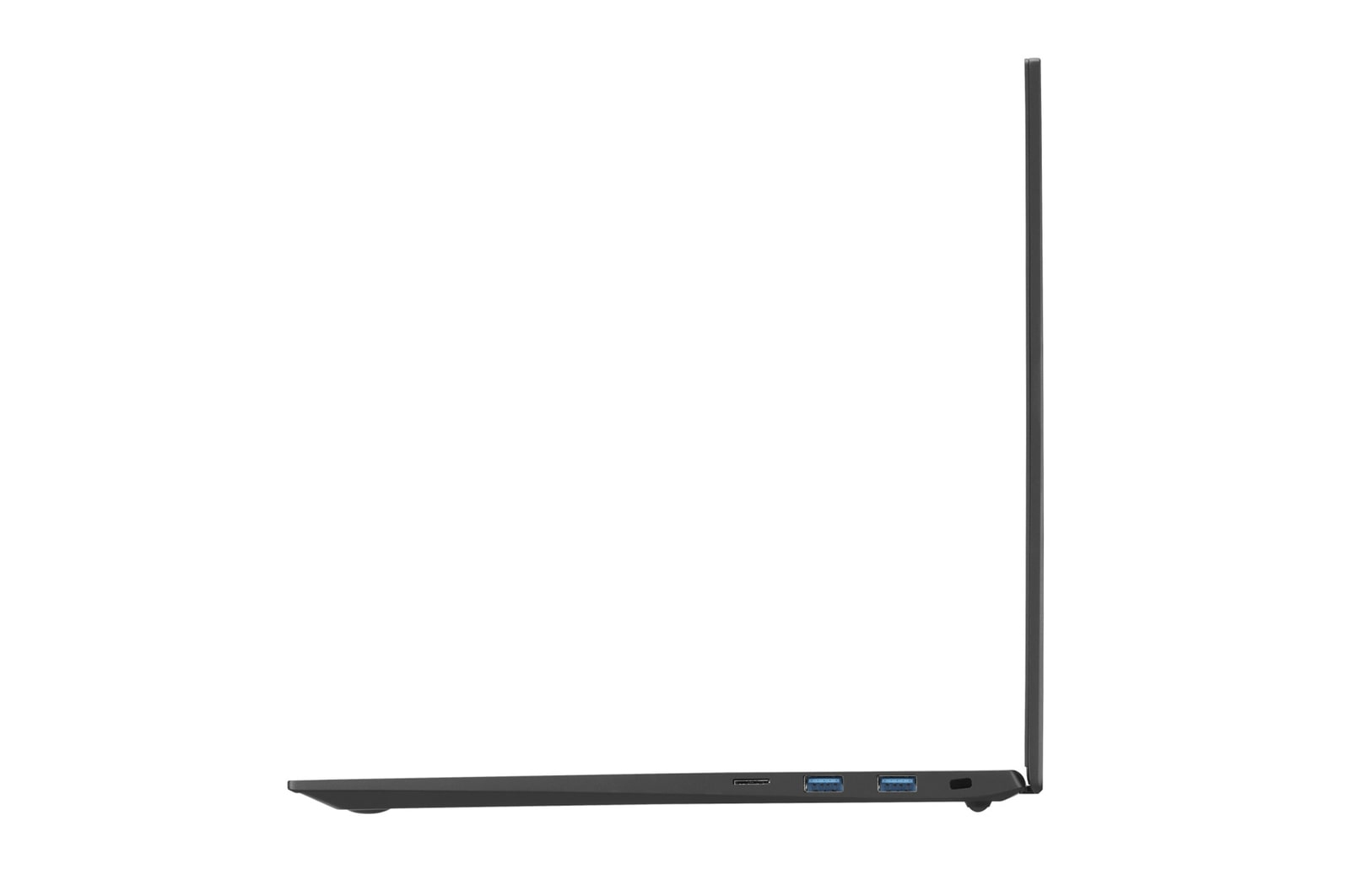 Vista laterale di un laptop nero. Lo schermo è aperto, rivelando porte USB e una porta di ricarica. Sfondo bianco.