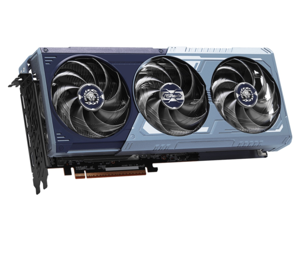 Karta graficzna z trzema wentylatorami. Karta jest niebiesko-szara. Wentylatory są czarno-srebrne. Widoczna nazwa marki.