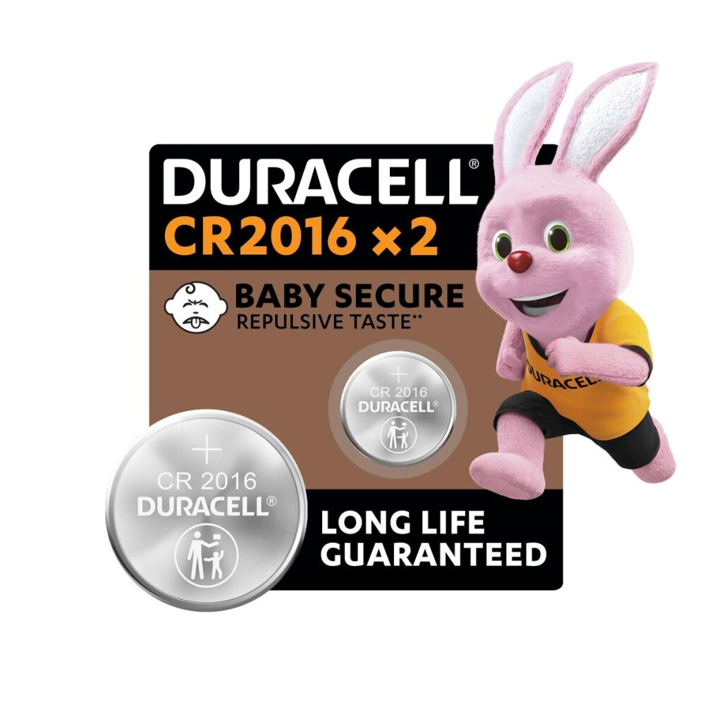 Pile Duracell CR2016 x2, sicure per bambini. Mascotte coniglio rosa in corsa. Testo: Lunga durata garantita.