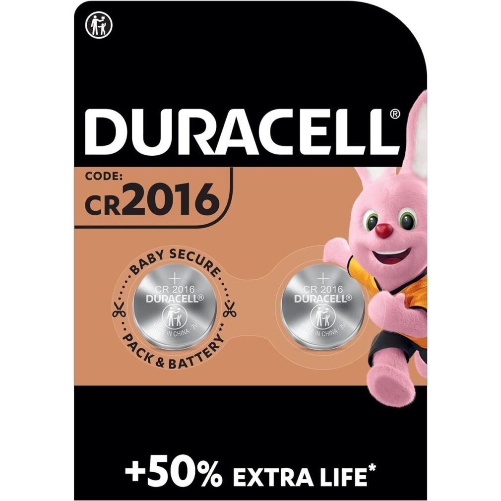 Confezione di batterie Duracell con batterie CR2016, una mascotte a forma di coniglio rosa e testo che indica +50% di durata extra.