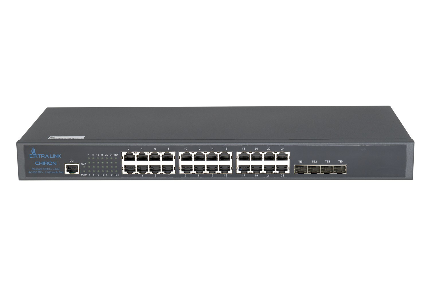 Uno switch grigio Extra Link Chiron con più porte etichettate, TE1-4, e porte numerate 1-24. Ha spie luminose e un pulsante di accensione.
