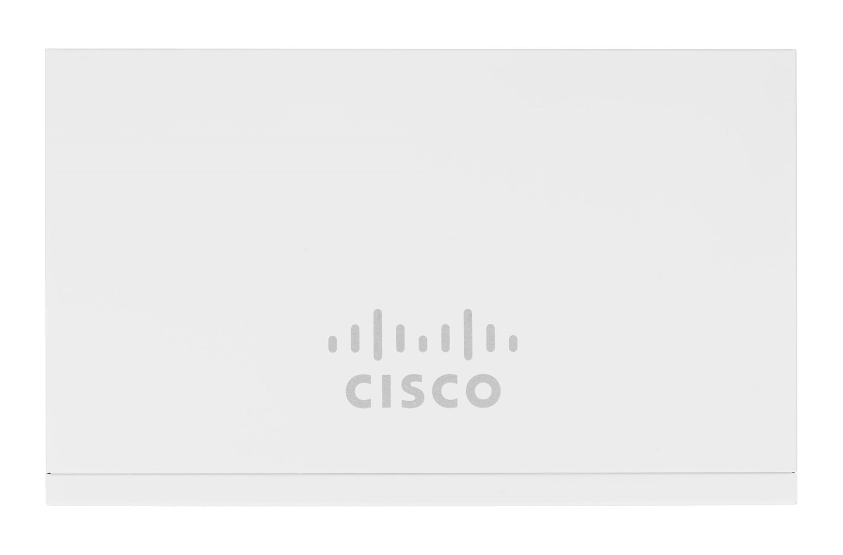 Białe urządzenie Cisco z logo Cisco pośrodku. Urządzenie jest prostokątne.