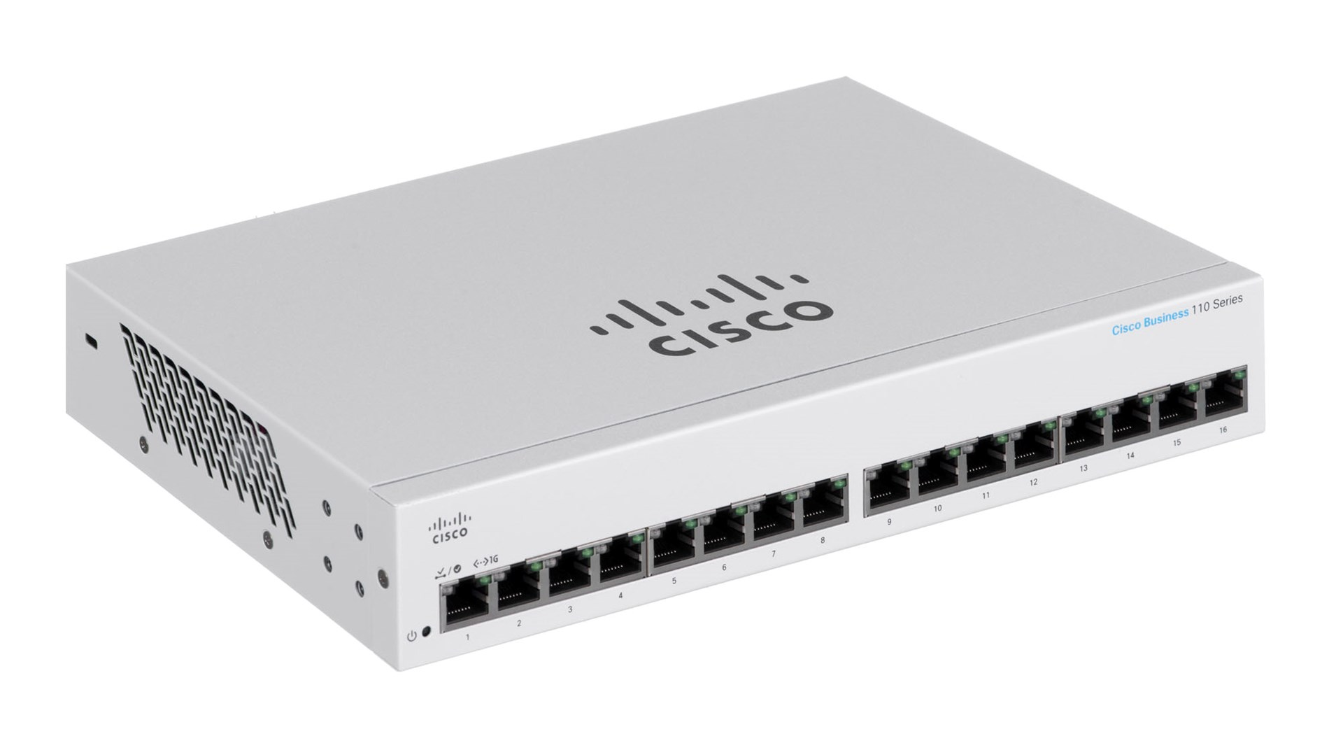 Biały przełącznik sieciowy Cisco Business 110 Series z numerowanymi portami i logo Cisco.