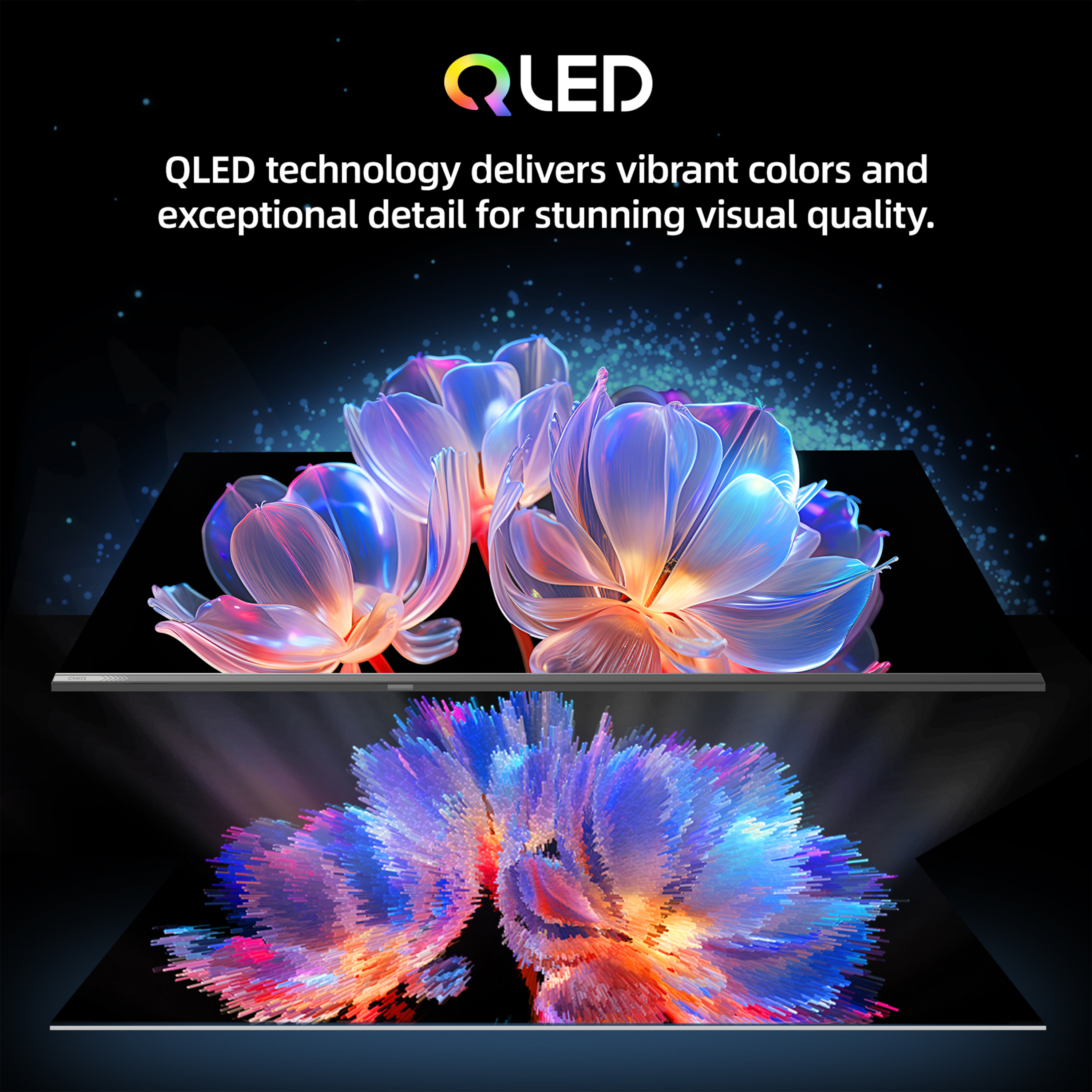 The image shows a QLED display with colorful flower-like graphics. Text explains vibrant colors and detail.