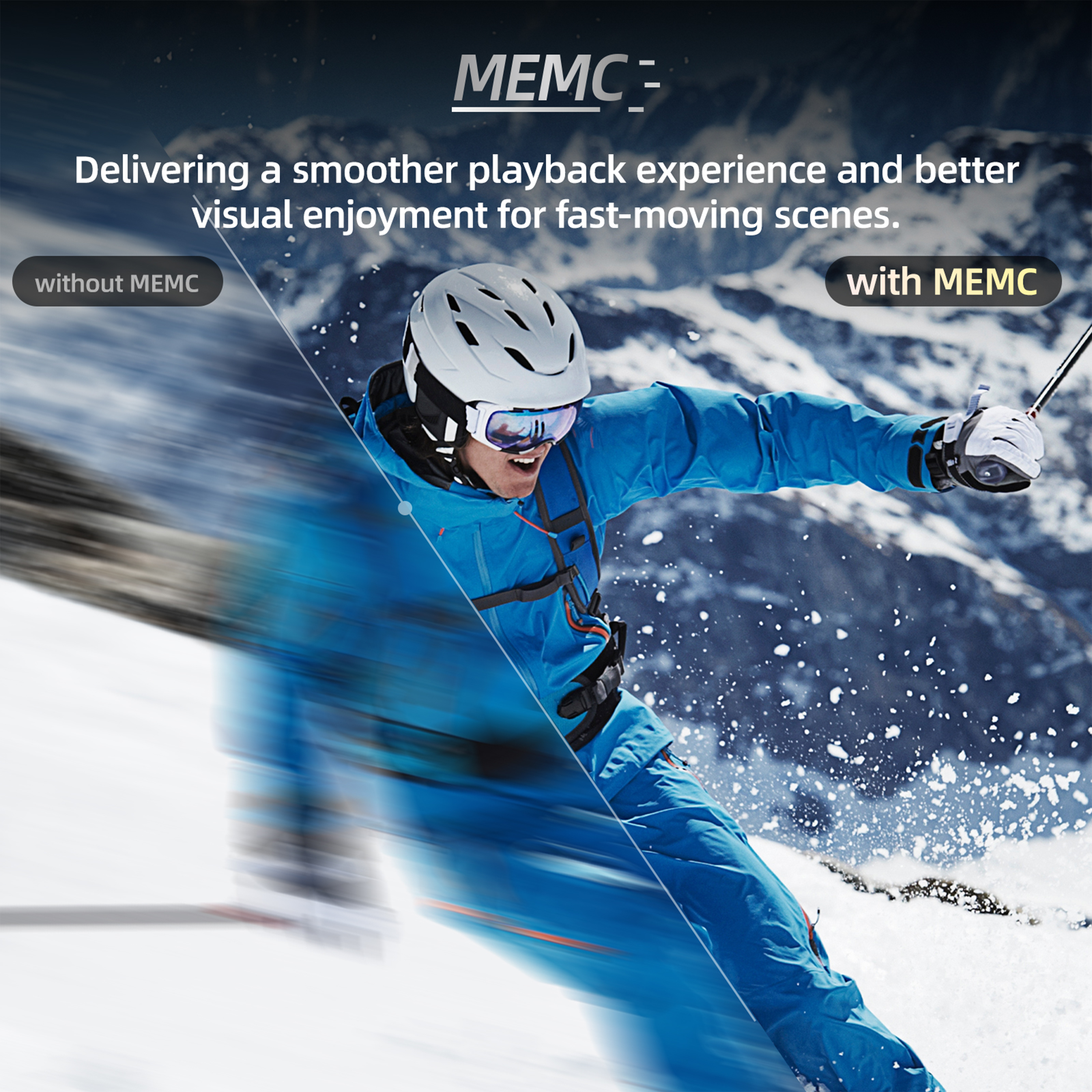A skier in blue jacket, helmet and goggles, on a snowy slope. The text compares the image with and without MEMC.
