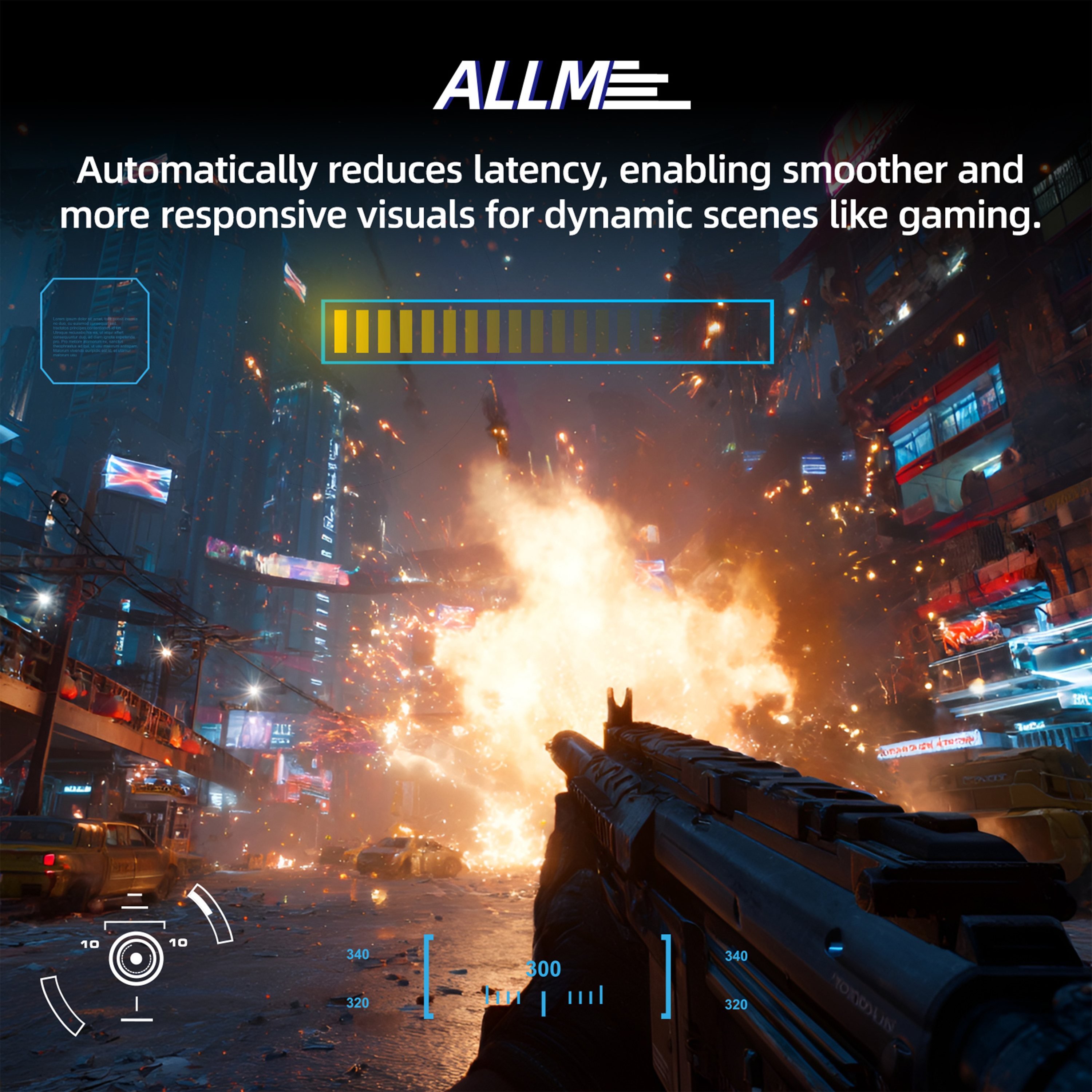 A first-person view of a shooter game with explosions. A gun is visible. City buildings are in the background.