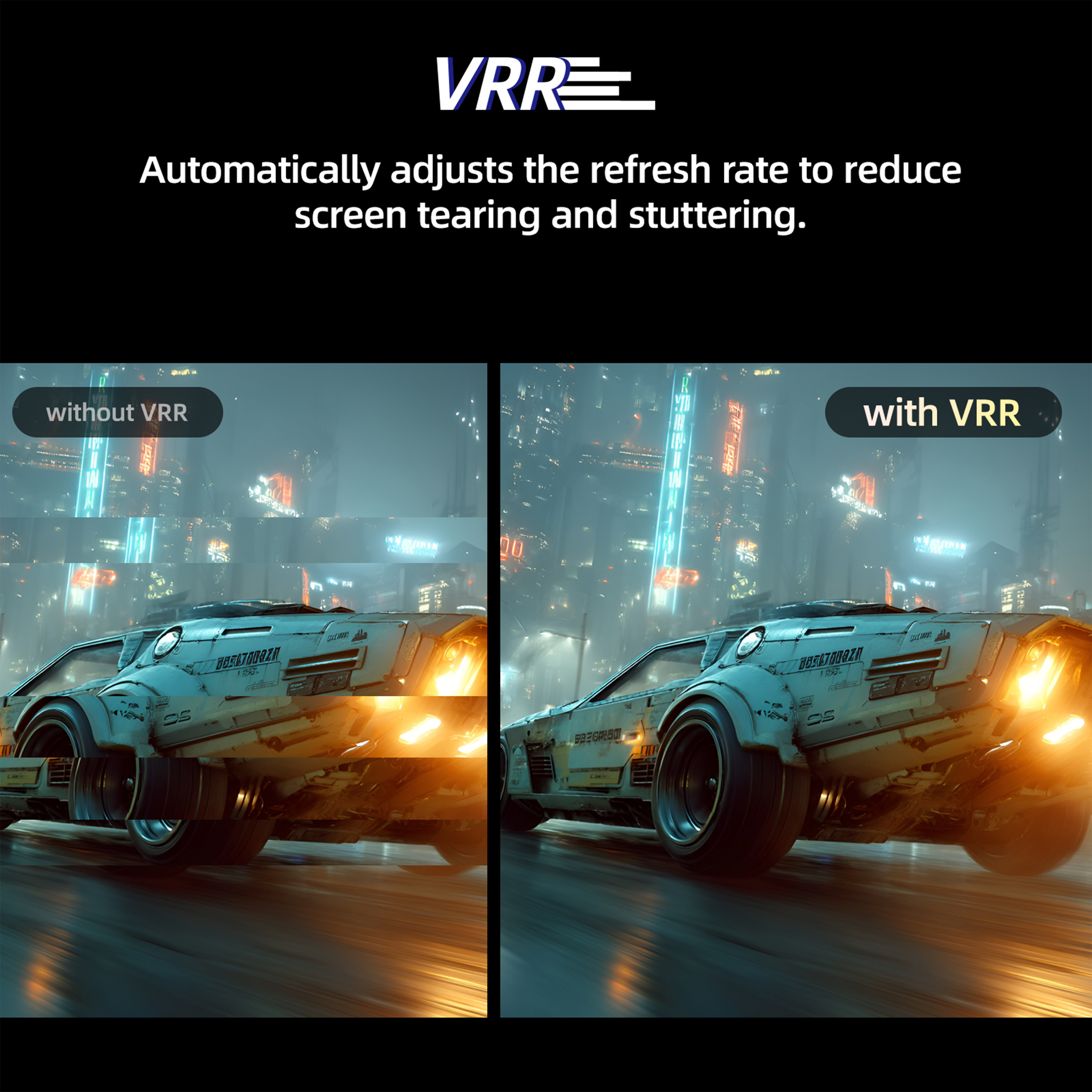 Image shows a futuristic car with and without VRR, with a city in the background.