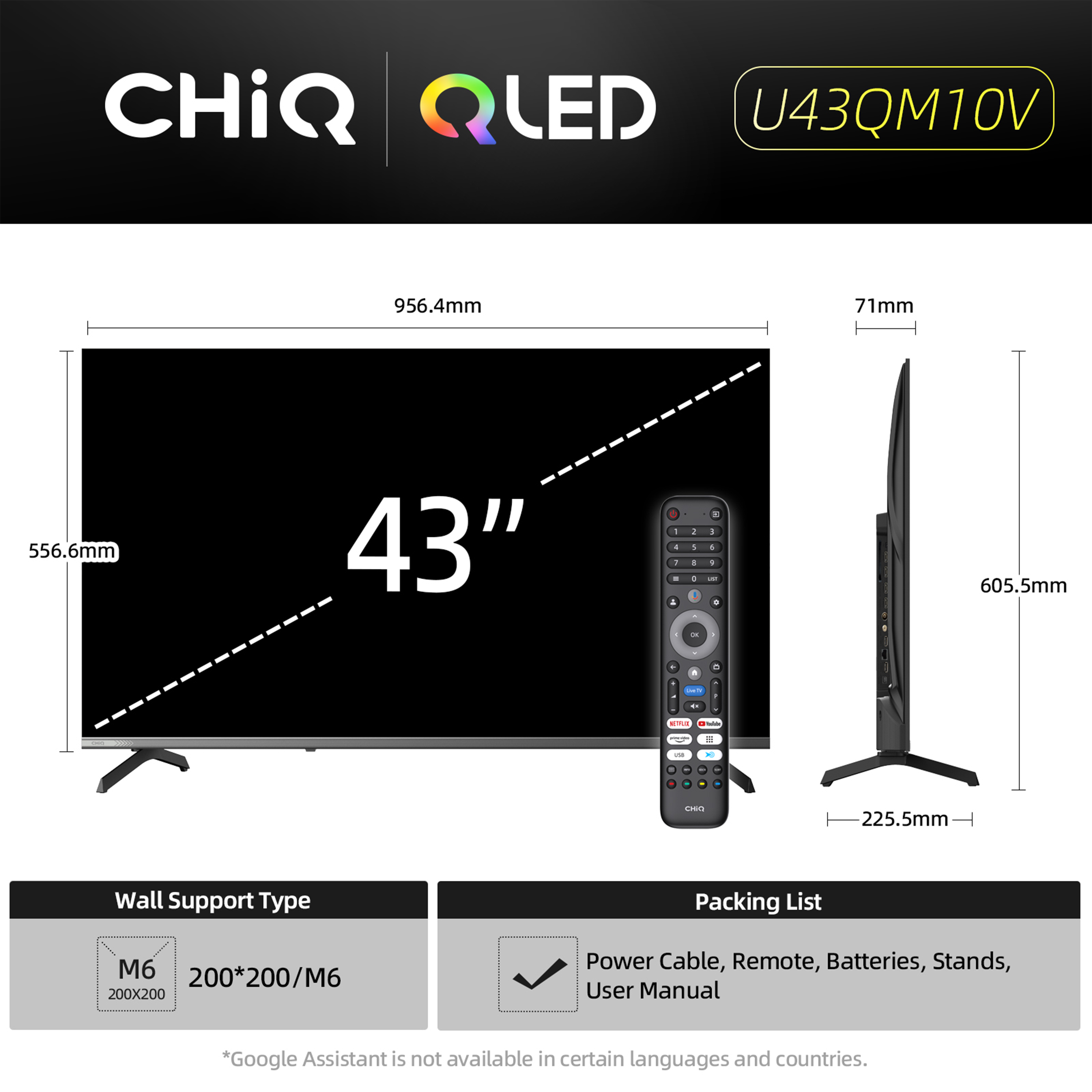 A CHiQ QLED U43QM10V TV. It shows the TV's dimensions, wall support type, and packing list.