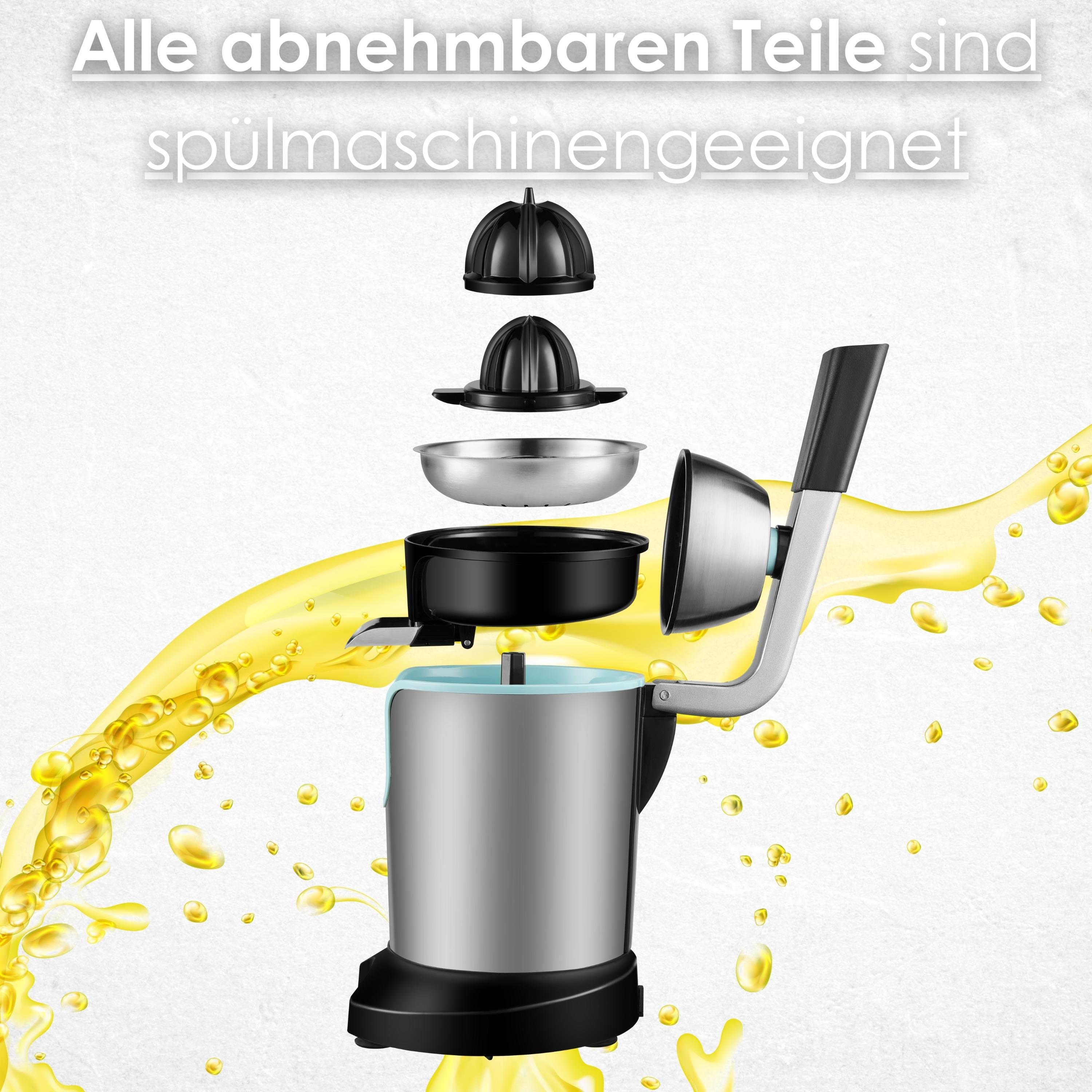 Zitronenpresse auseinandergebaut. Schwarze und silberne Teile mit gelbem Flüssigkeitsspritzer. Text oben.