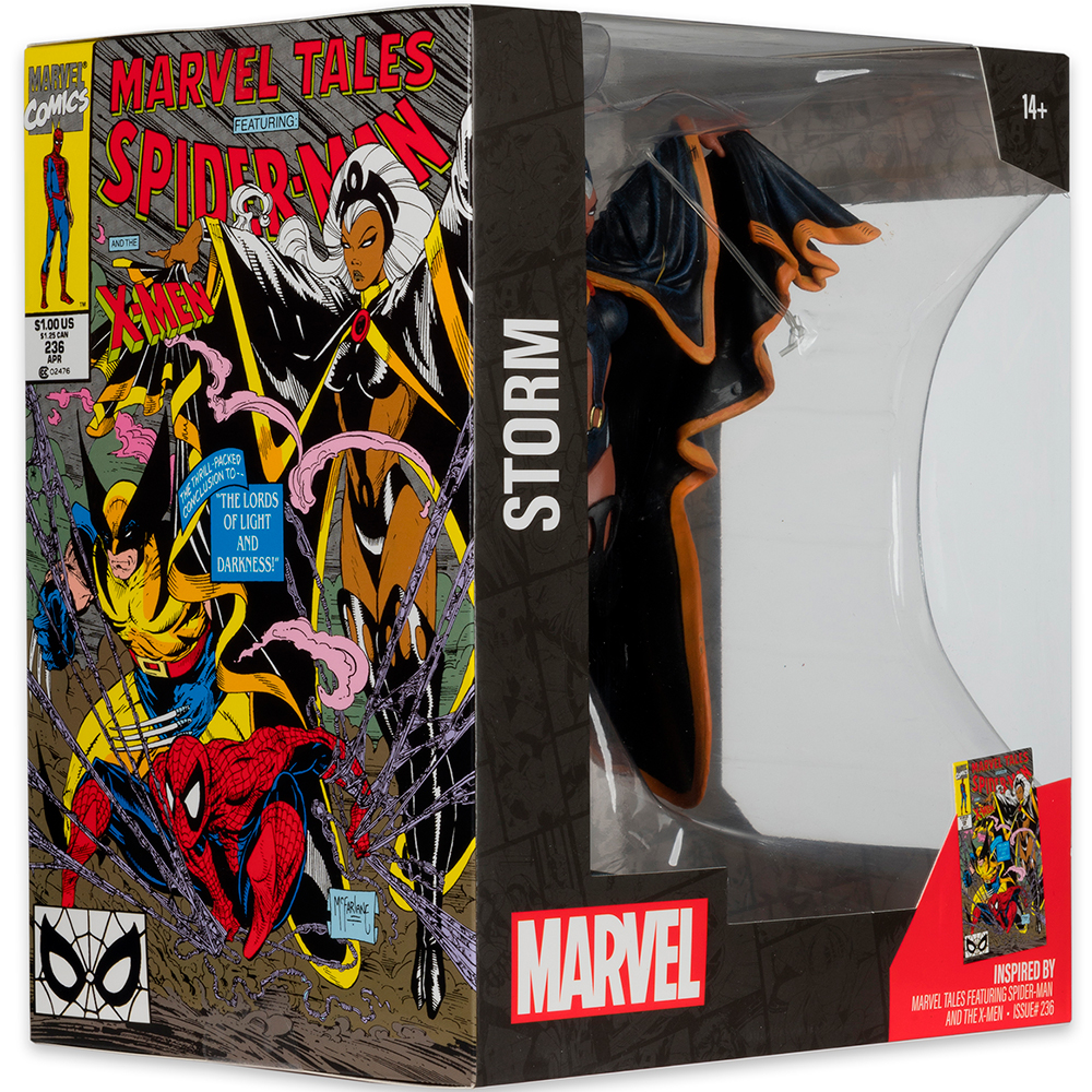 Eine Marvel Storm-Actionfigur in einer Box mit Comic-Kunst von Spider-Man und X-Men. Die Box hat das Marvel-Logo und Storms Namen.