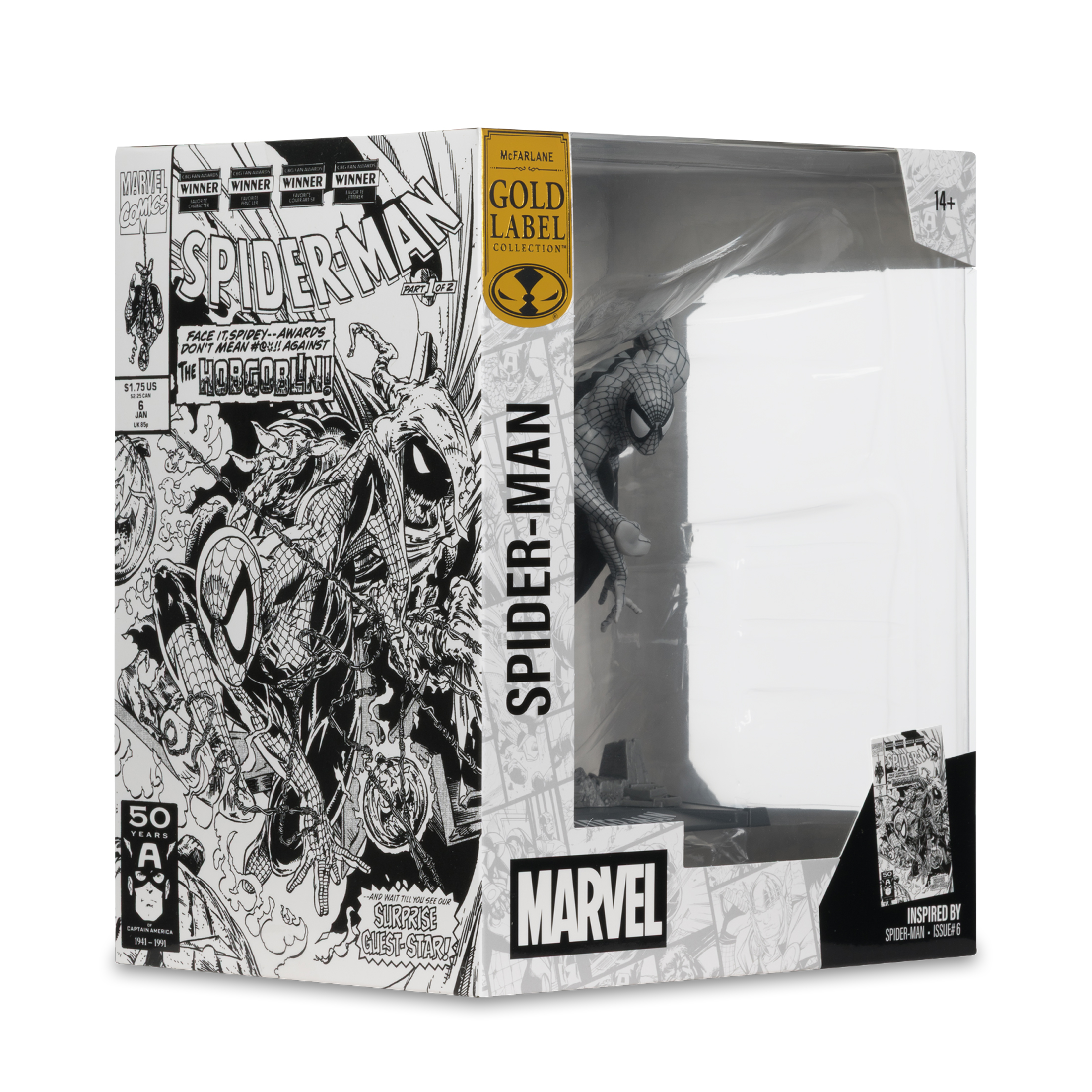 Action figure di Spider-Man in una scatola. La scatola presenta fumetti e il logo Marvel.
