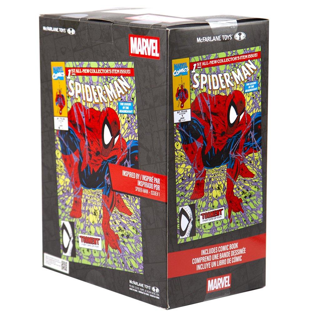 La confezione presenta la copertina del fumetto di Spider-Man. Spider-Man rosso e blu accovacciato, con dettagli del fumetto, logo Marvel e marchio McFarlane Toys.
