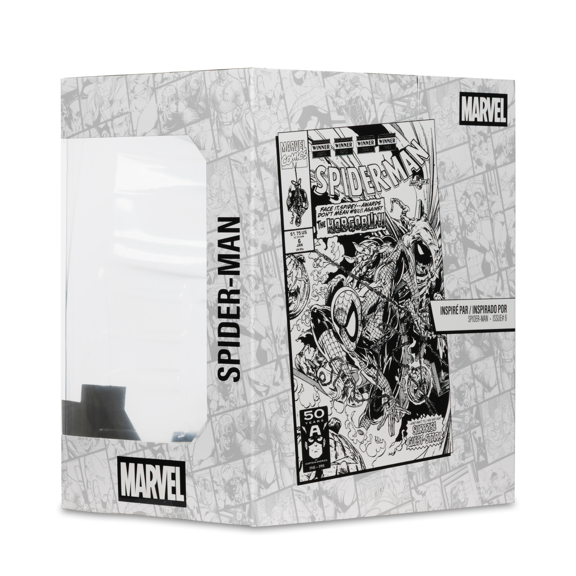 Una scatola di fumetti di Spider-Man. Presenta una copertina del fumetto con Spider-Man e Goblin. Visibile anche il logo Marvel.