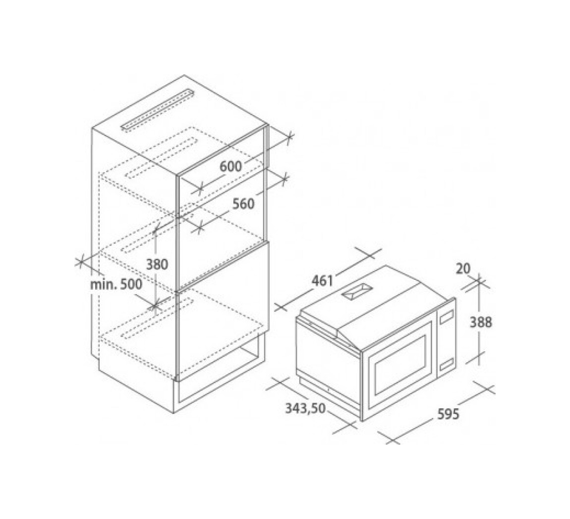 Isometrische weergave diagram van twee keukenapparaten met afmetingen. De apparaten omvatten een ingebouwde oven en een magnetron.