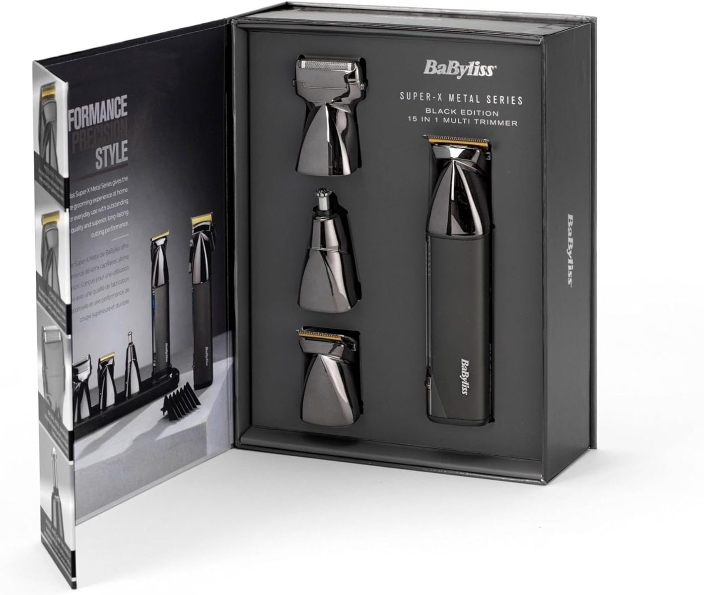 Czarny zestaw trymera Babyliss Super-X Metal Series, z różnymi nasadkami, wyświetlany w otwartym pudełku. Tekst na pudełku.