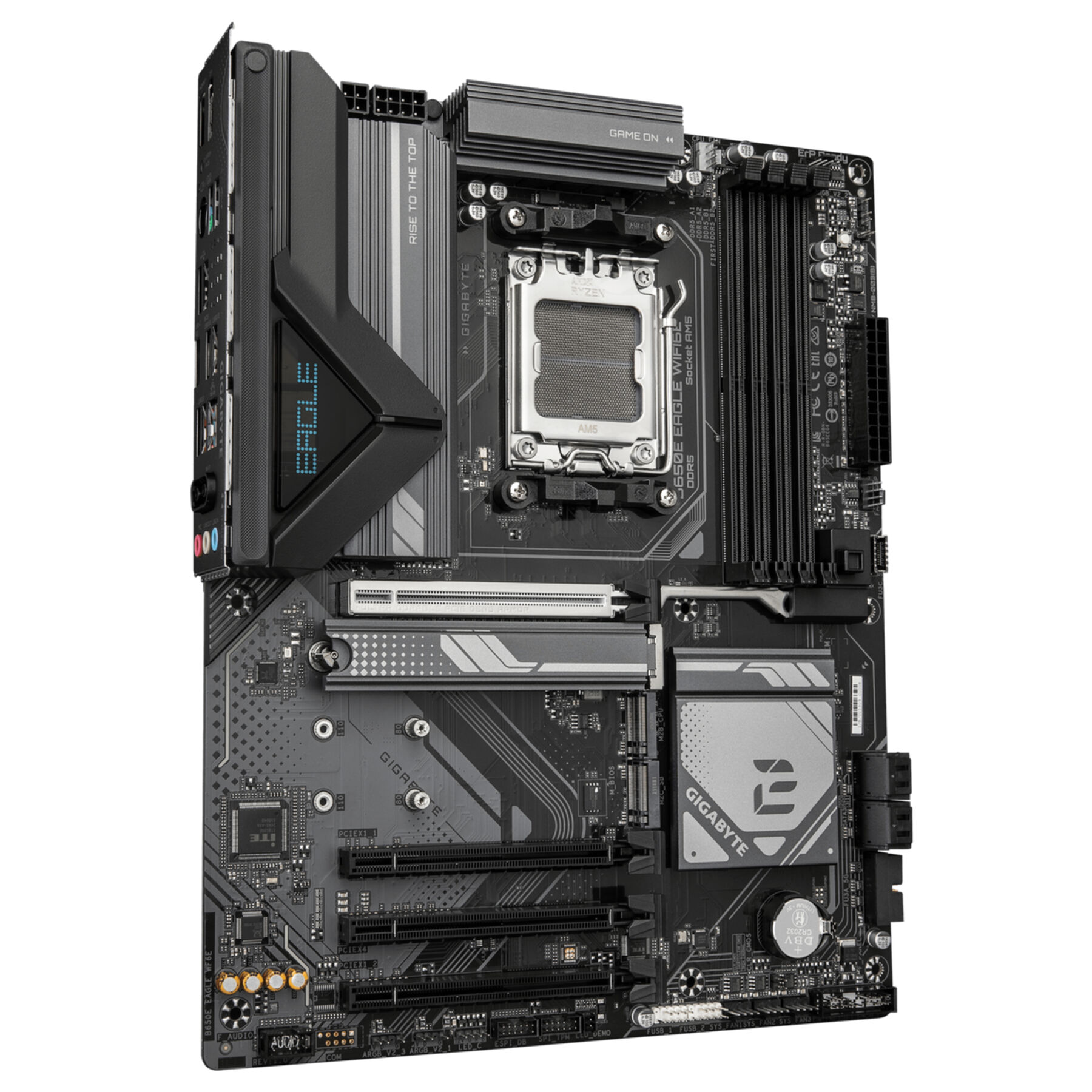 Nahaufnahme eines Gigabyte B650E EAGLE WIFI Motherboards. Es hat verschiedene Anschlüsse, Steckplätze und das Gigabyte-Logo.
