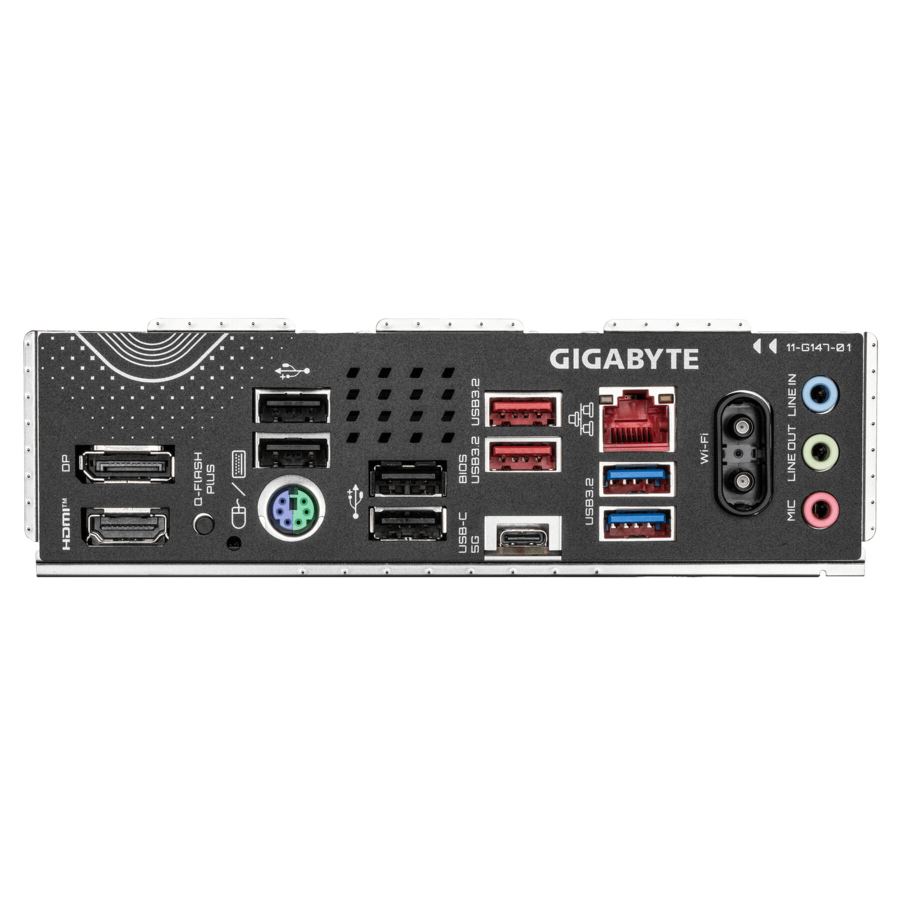 Rückseite eines Gigabyte-Motherboards. Anschlüsse umfassen HDMI, USB, Audiobuchsen und Netzwerkanschlüsse. Der Markenname ist sichtbar.