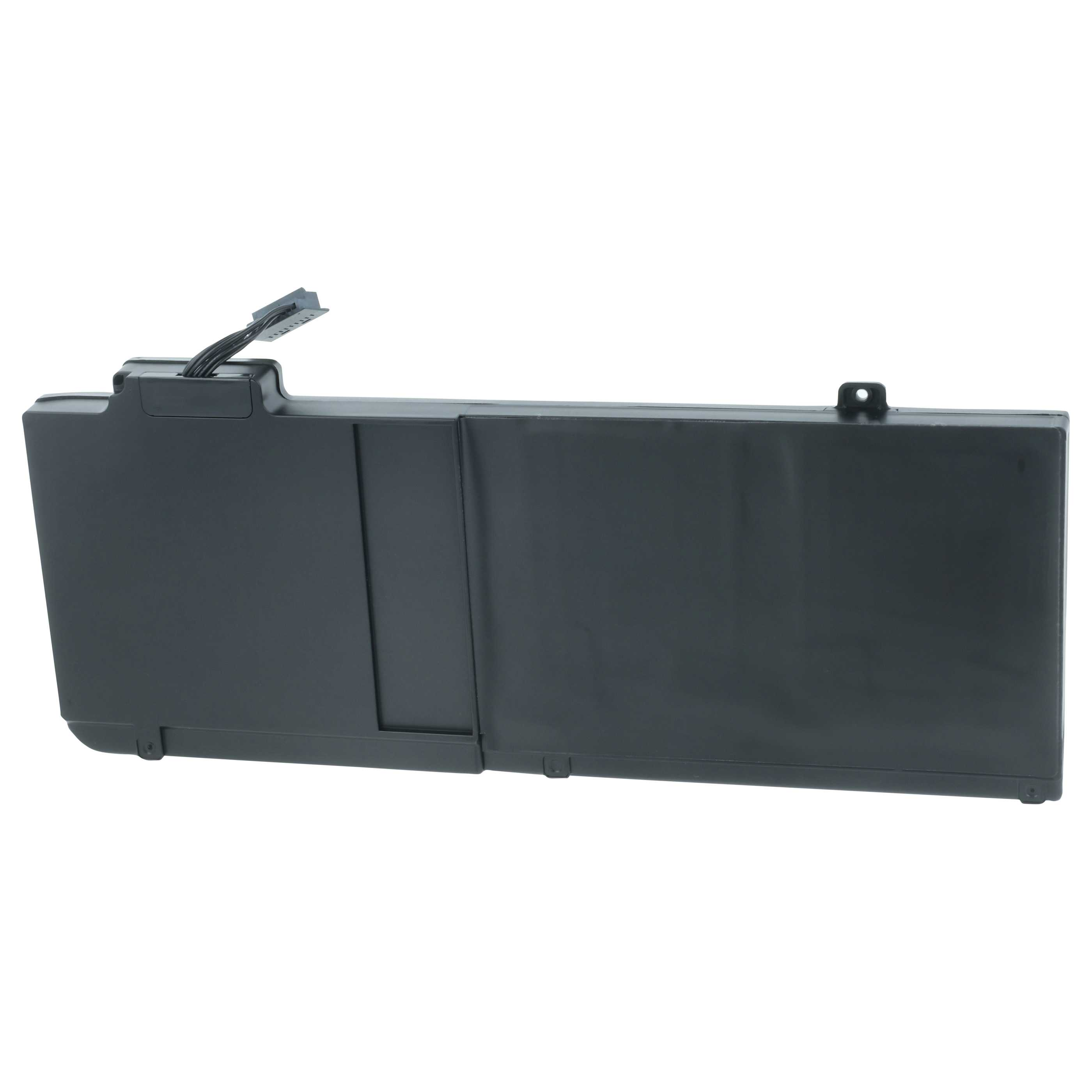 Ein dunkelgrauer rechteckiger Laptop-Akku mit Stecker und Kabeln, die sich von oben erstrecken. Weißer Hintergrund.