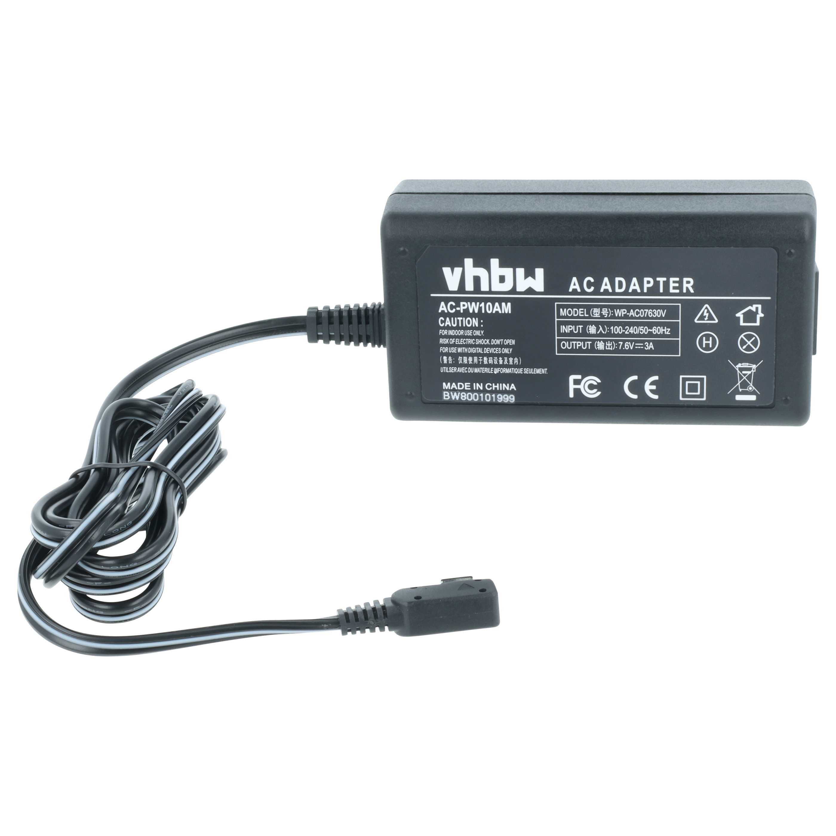 Ein schwarzes AC-Netzteil mit Netzkabel, beschriftet mit vhbw. Der Hintergrund ist weiß.