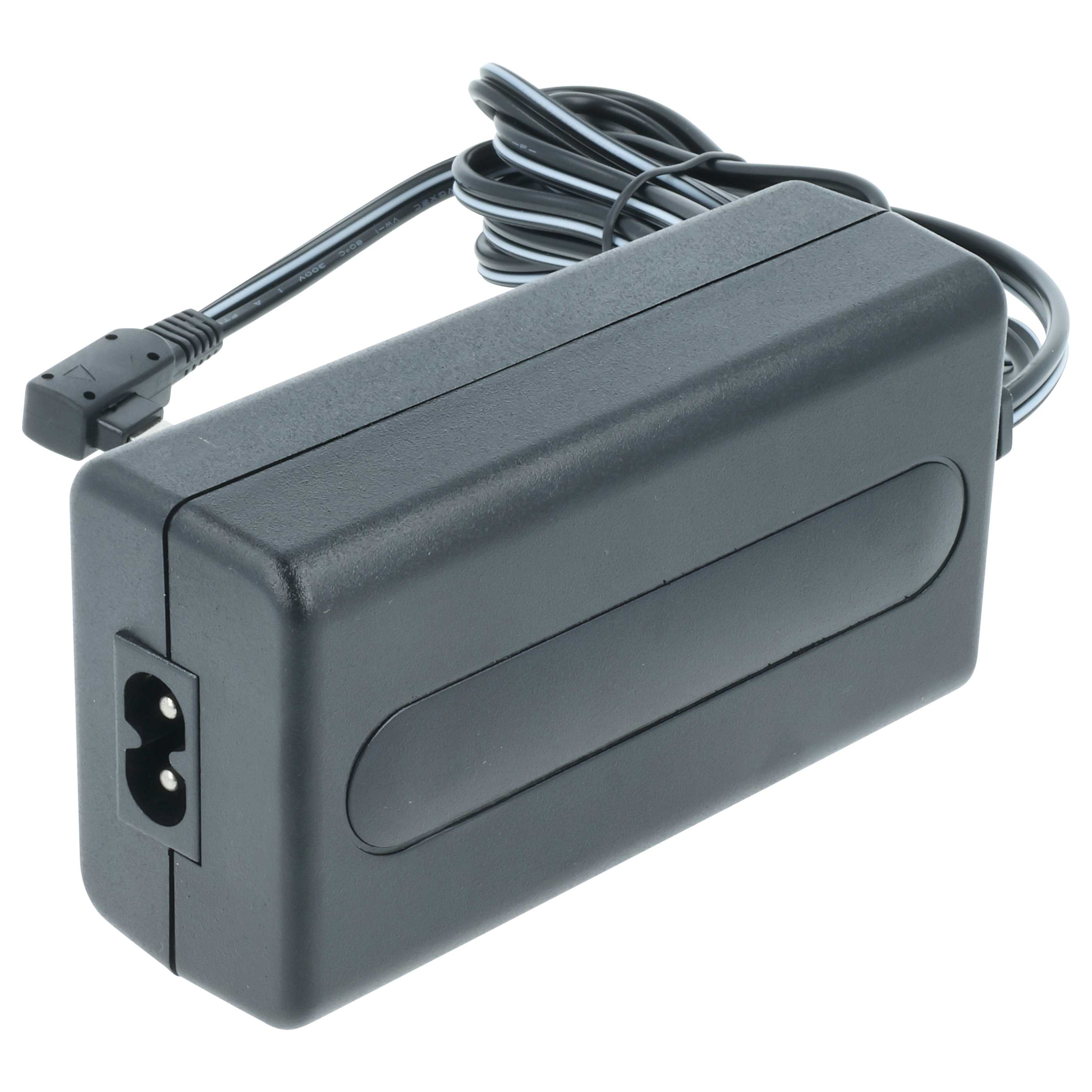 Schwarzes Netzteil mit Kabel und Stecker. Es hat eine abgerundete rechteckige Form und eine Zweipolsteckdose.