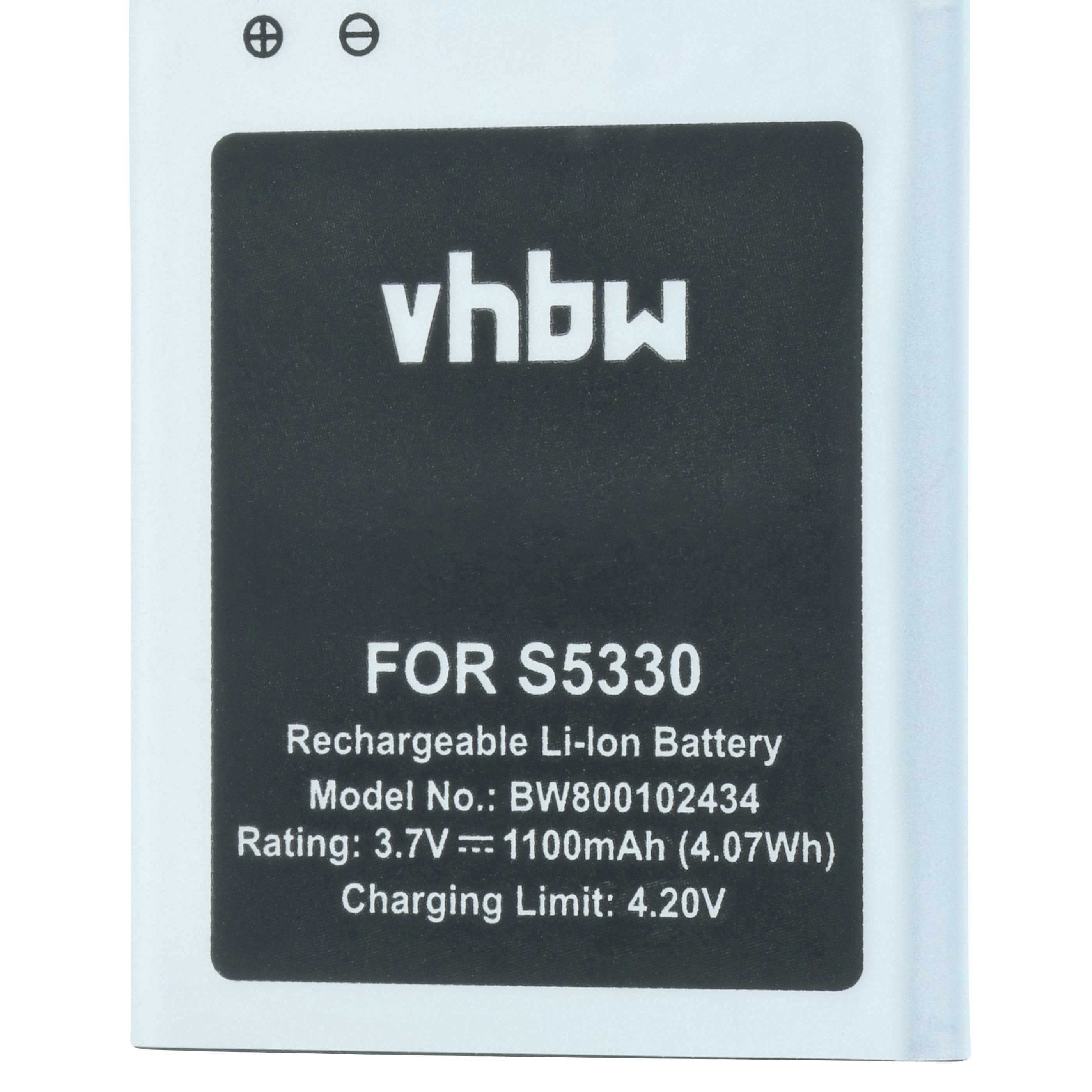 Ein weißer Akku mit schwarzem Etikett. Er trägt die Aufschrift: vhbw, FOR S5330, Rechargeable Li-Ion Battery und technische Daten.