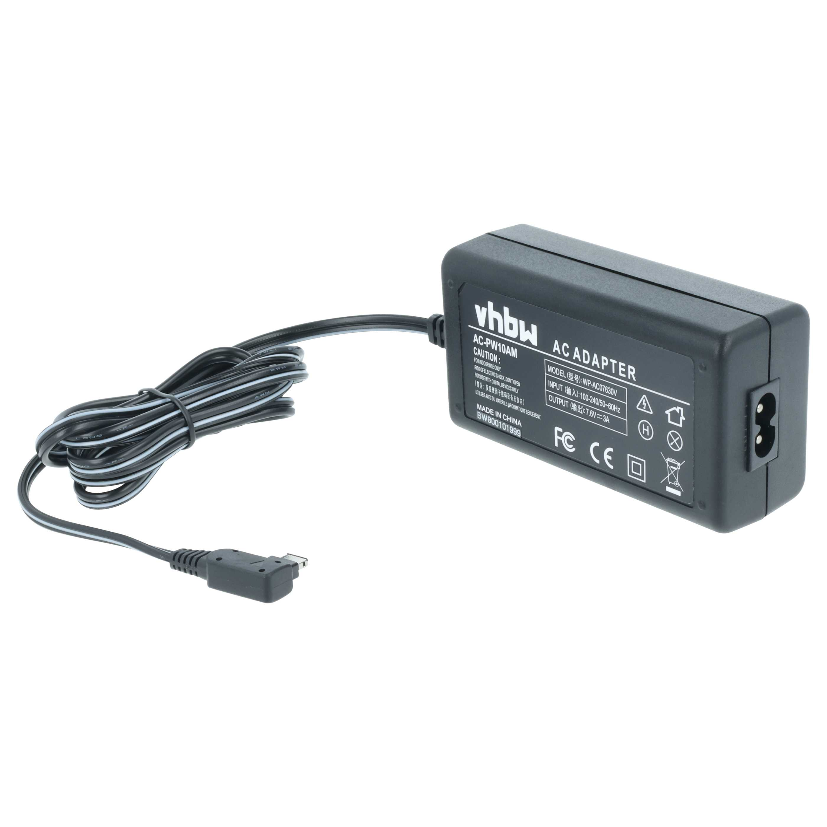 Ein schwarzes AC-Netzteil mit Netzkabel. Es trägt die Aufschrift vhbw und weiteren Text.