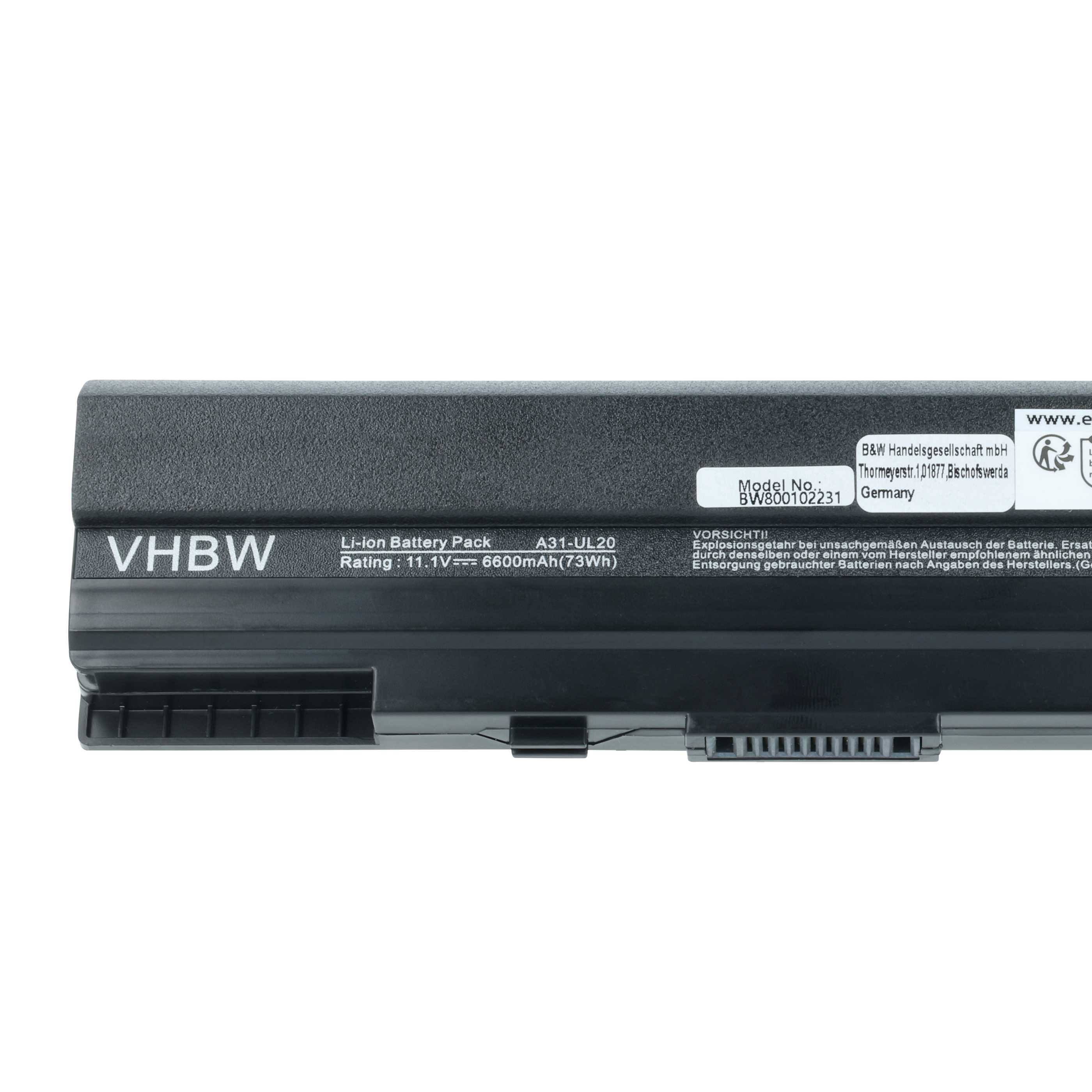 Ein schwarzer Laptop-Akku mit weißem Text. Es hat Modellinformationen, den Markennamen VHBW und technische Daten.