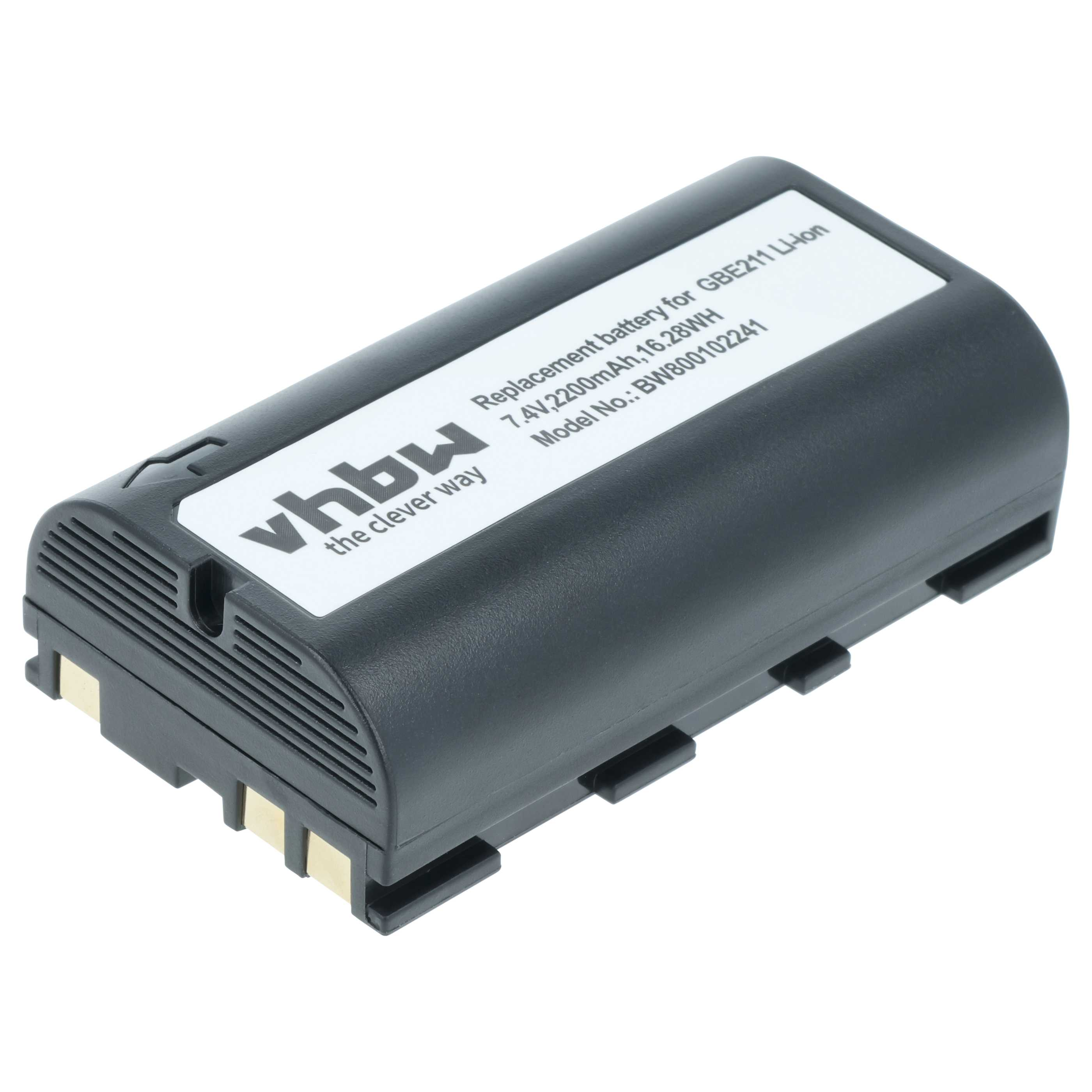 Schwarzer rechteckiger Akku mit weißem Etikett. Text auf dem Etikett: vhbw, Ersatzbatterie, 7,4V, 2200mAh.