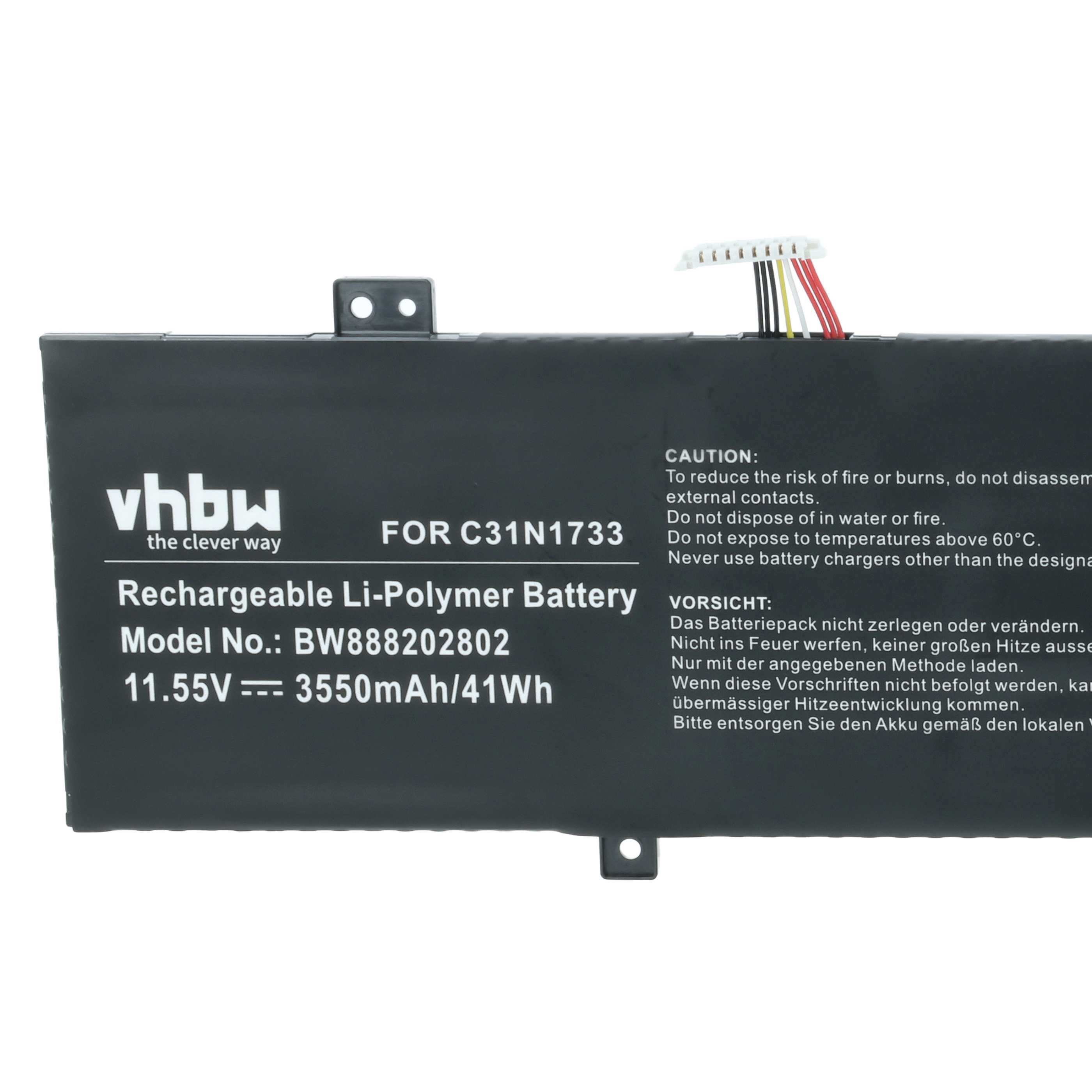 Ein schwarzer Laptop-Akku mit Text. Es steht 'Rechargeable Li-Polymer Battery', Modellnummer und Spannung.