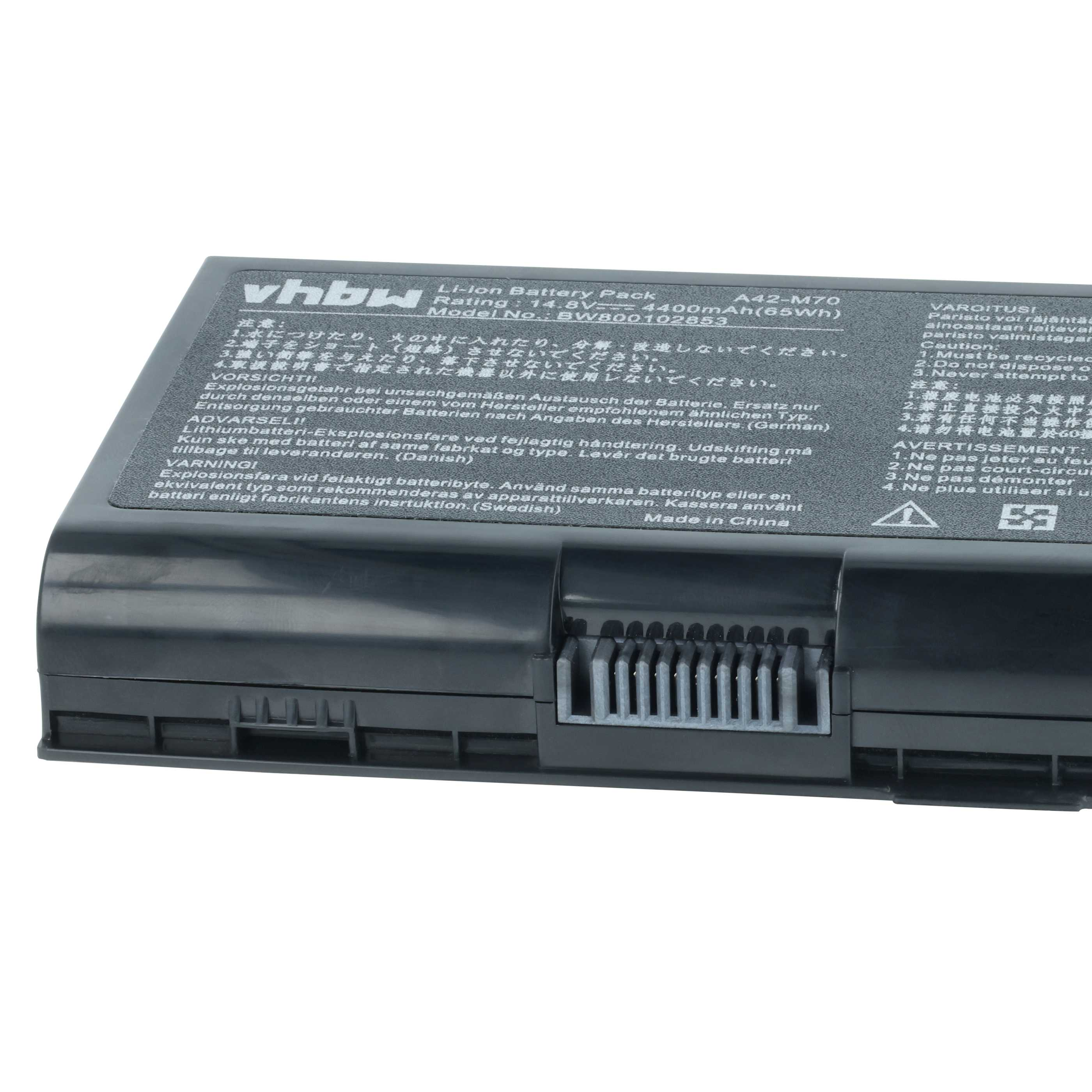 Ein Laptop-Akkupack mit Textetiketten, Grau- und Schwarztönen und einer Lüftung.