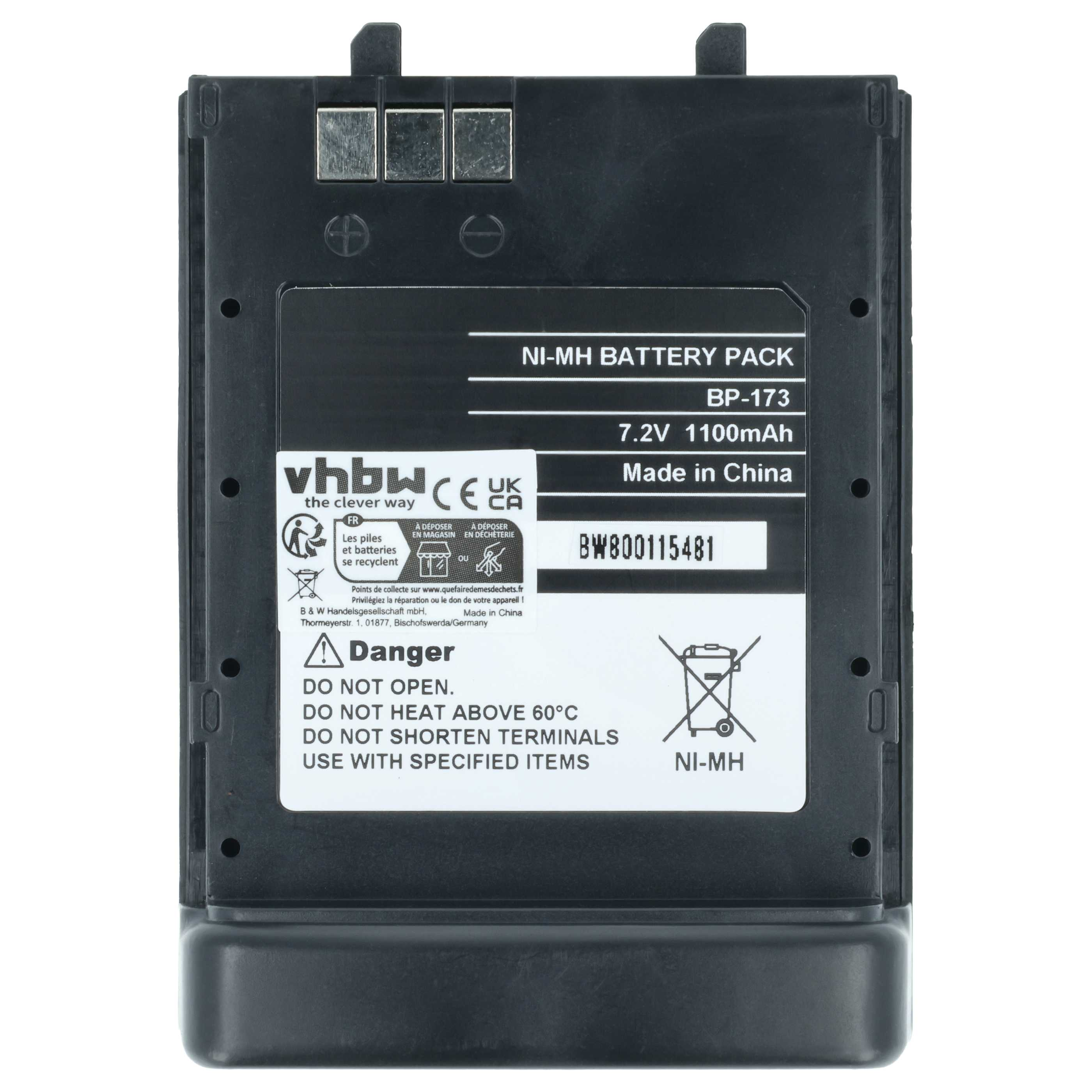 Ein schwarzes Akku-Pack mit weißen Etiketten. Text enthält: NI-MH, 7,2 V und Warnhinweise. Hergestellt in China.
