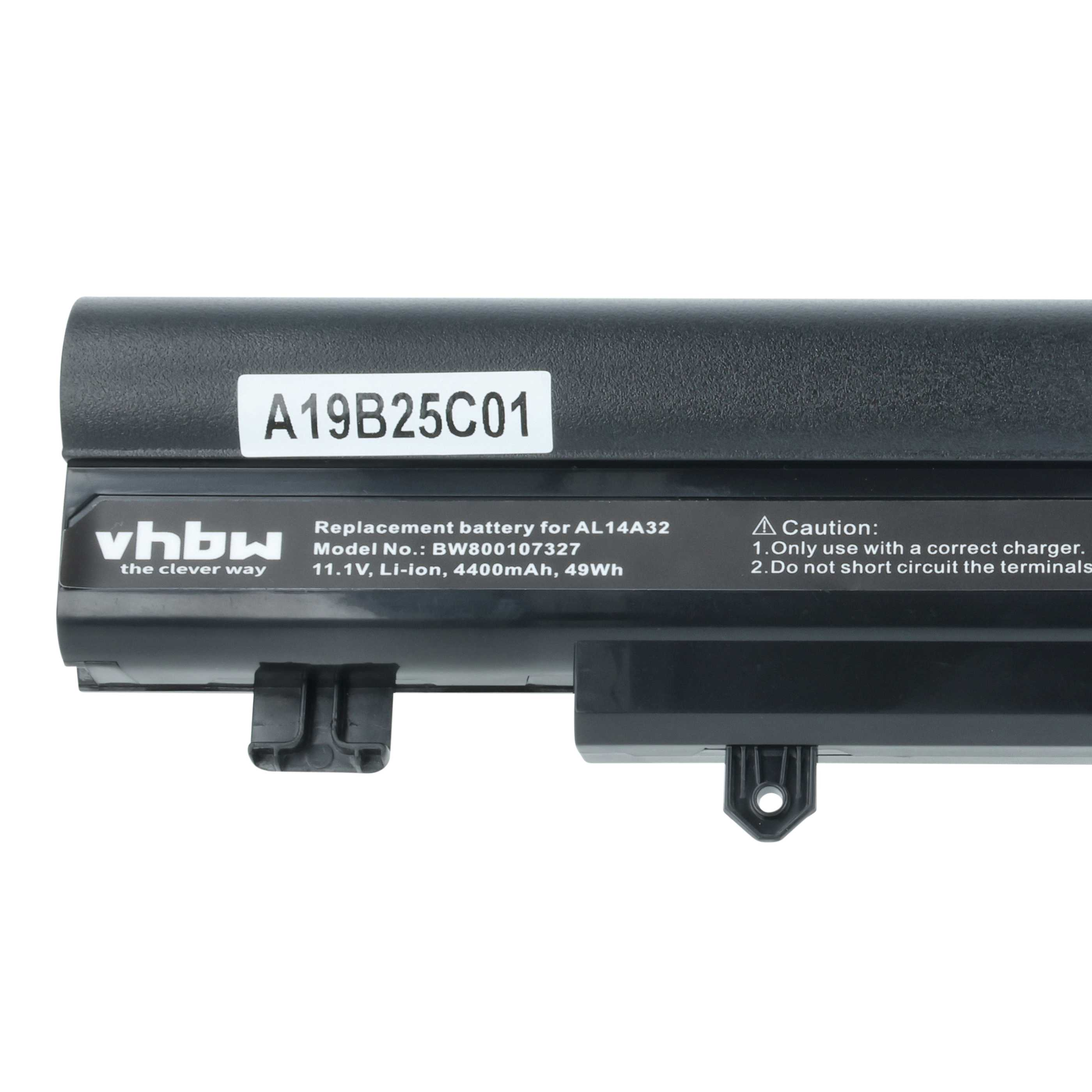Ein schwarzer Laptop-Akku mit weißem Etikett. Text: A19B25C01, vhbw. Details: 11,1 V, Li-Ion, 4400 mAh, 49 Wh.
