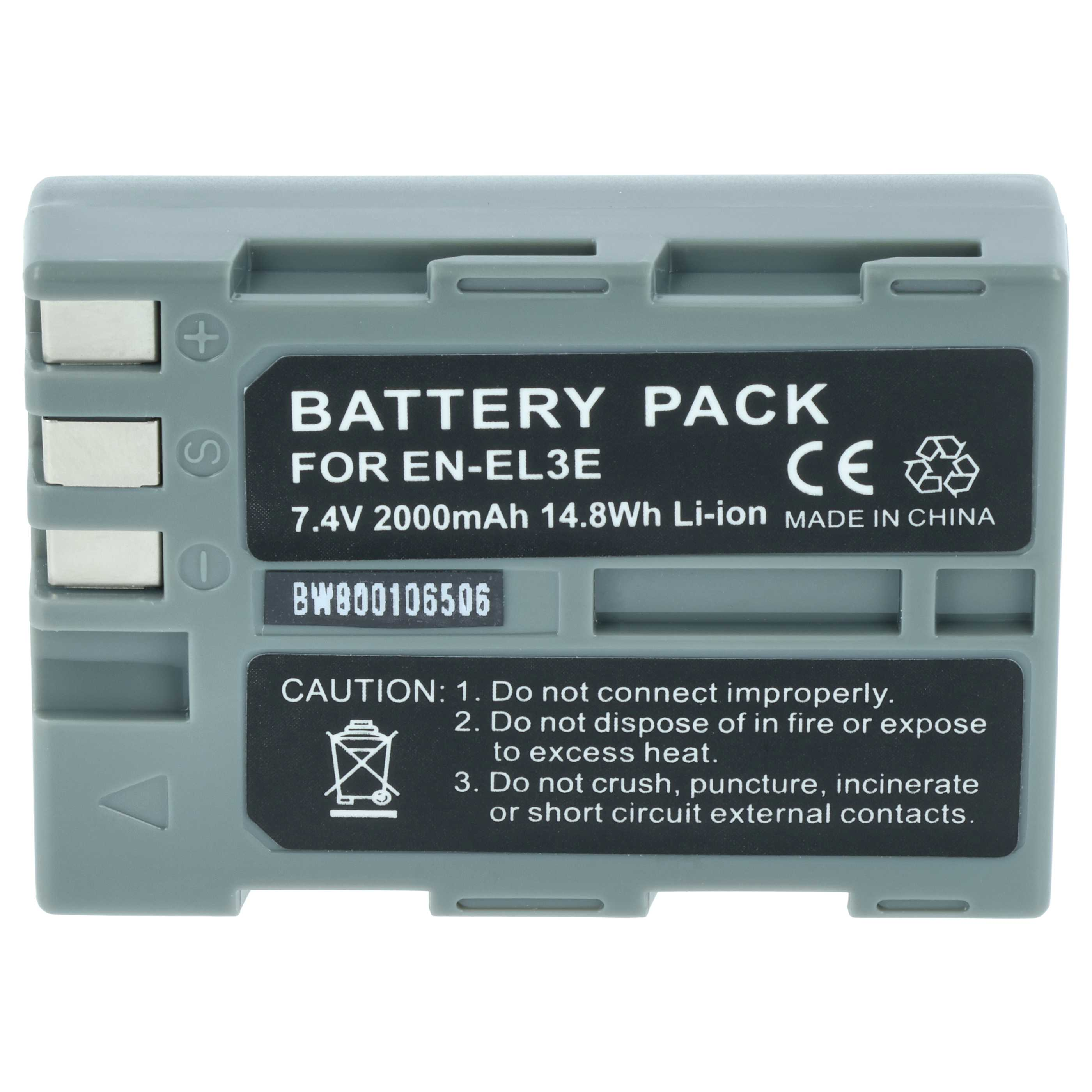 Grauer Akku mit schwarzem Etikett. Text: 'Battery Pack', '7.4V', 'Li-ion' und 'Made in China'.