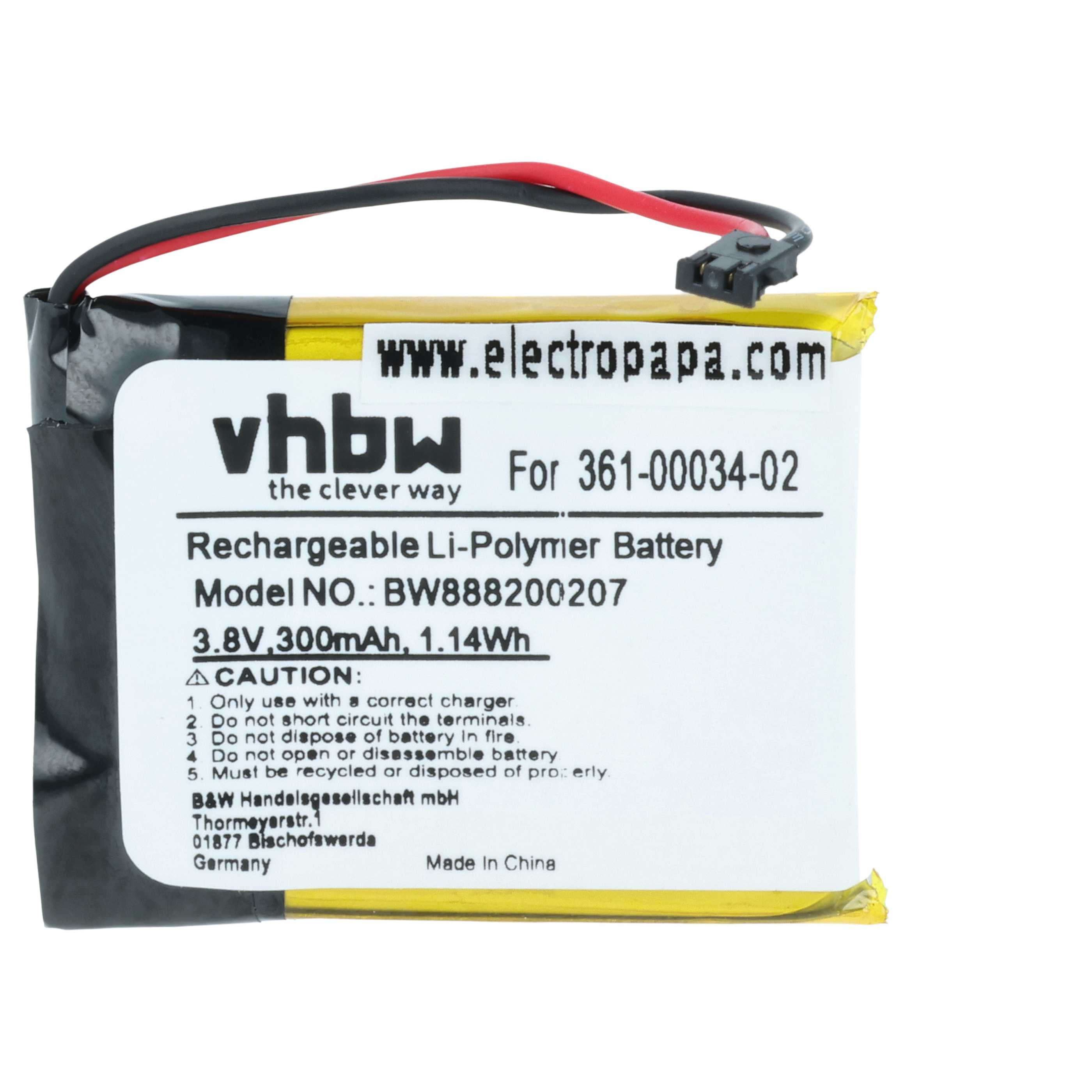 Ein wiederaufladbarer Li-Polymer-Akku mit schwarzen und roten Drähten. Er hat ein weißes Etikett mit Text und Logo.