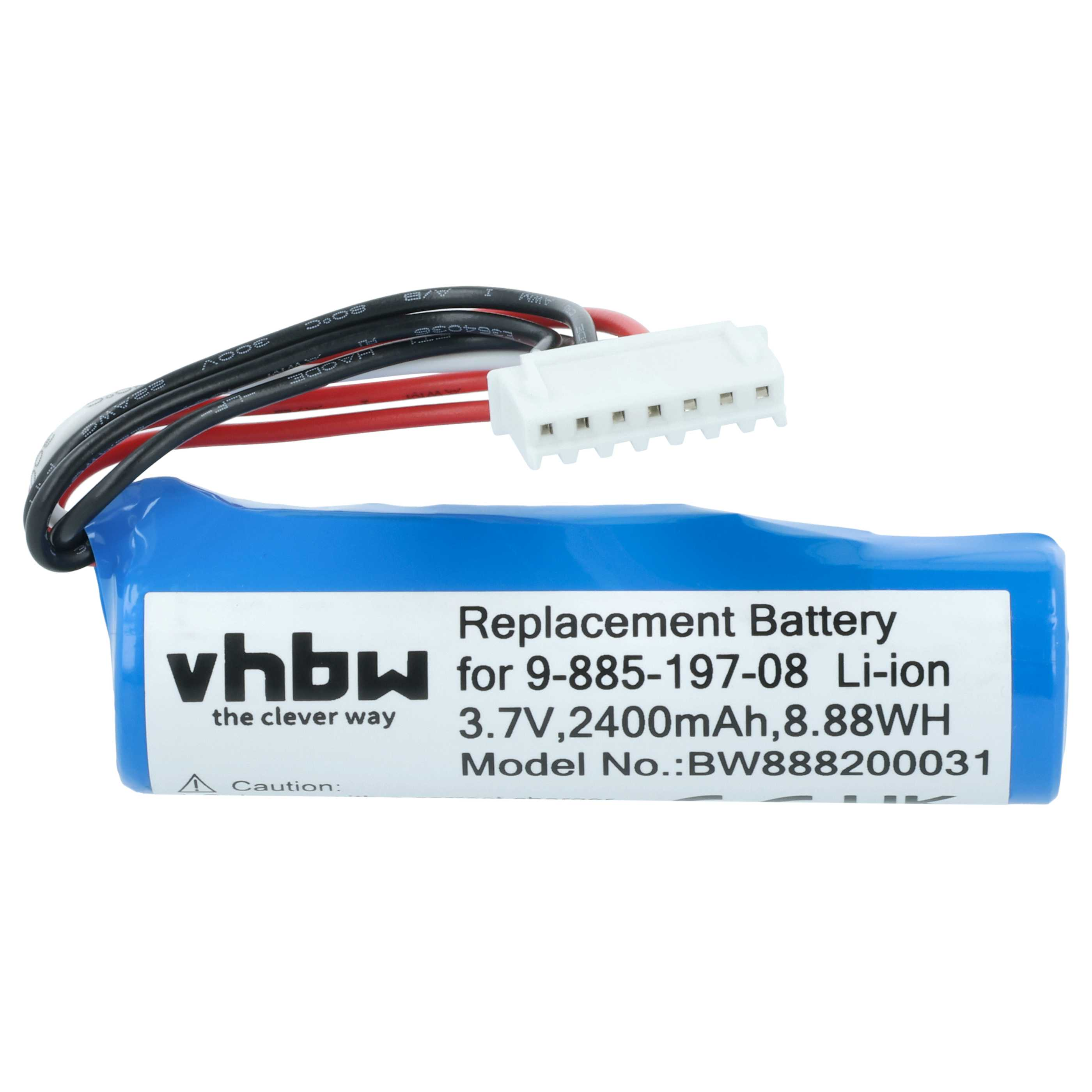 Blaue Batterie mit Text, schwarzen und roten Drähten und einem weißen Stecker. Die Batterie sagt 'vhbw' und 'Replacement Battery'.