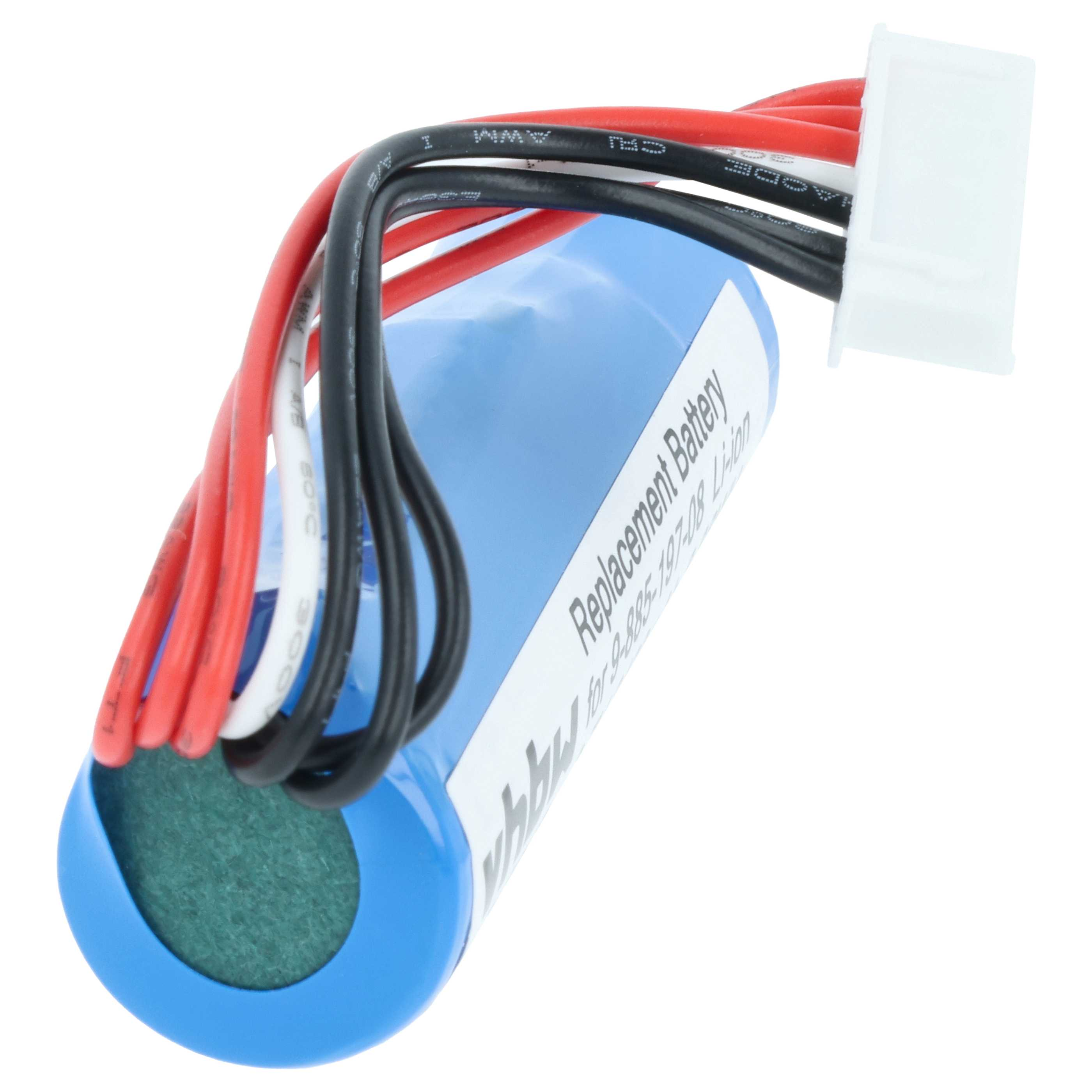 Ein blauer Ersatzakku mit Drähten und einem weißen Stecker. Drähte sind rot, schwarz und weiß. Die Batterie hat ein Etikett.