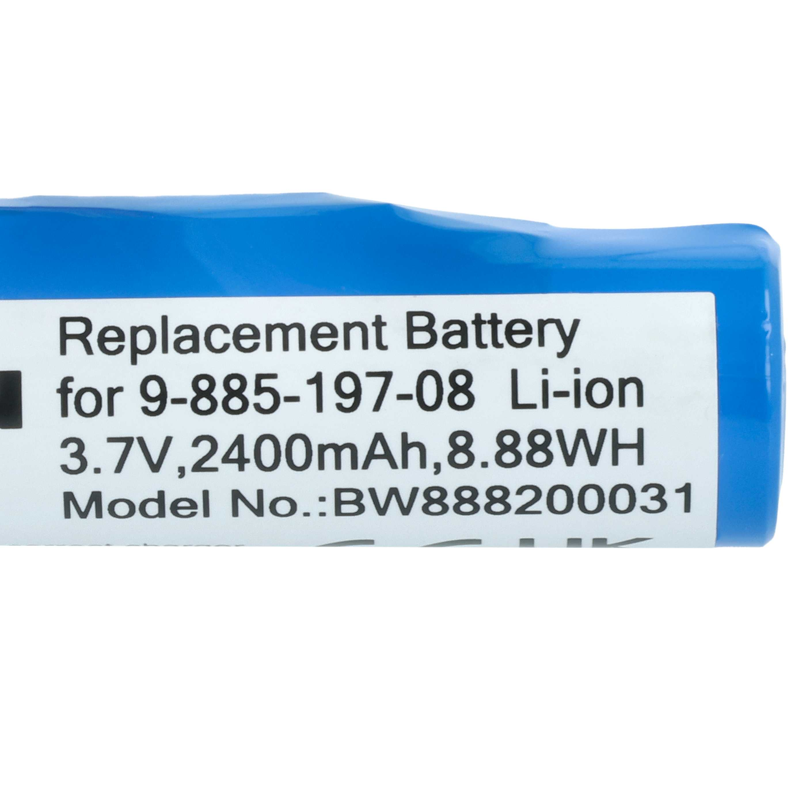 Ein blauer Akku mit weißem Etikett. Auf dem Etikett steht: Ersatzbatterie, 3,7 V, 2400 mAh, Modell-Nr.:BW888200031.