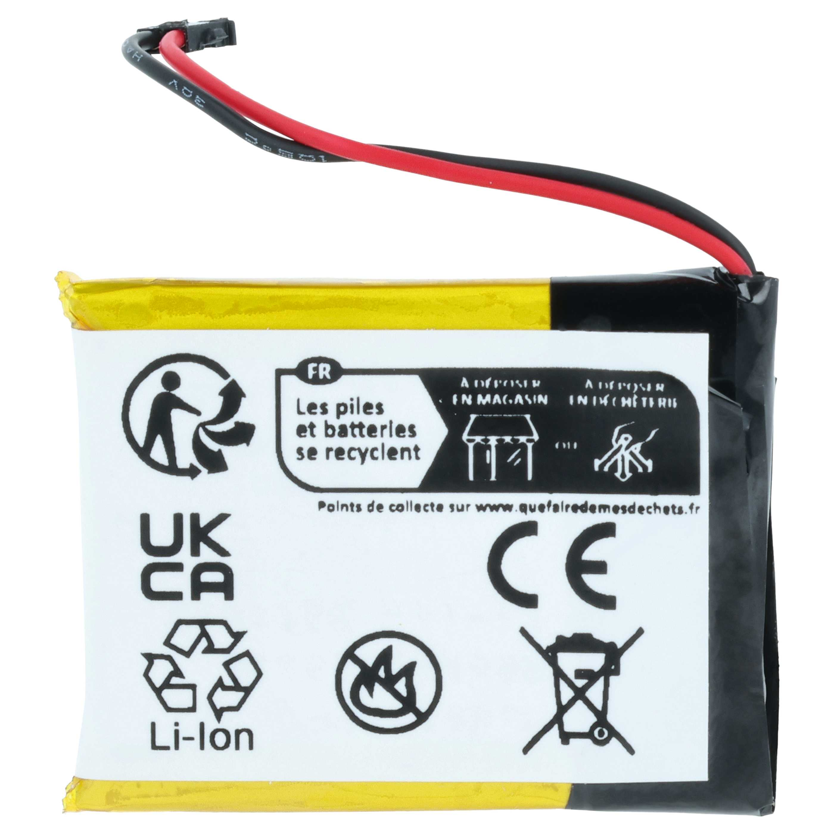 Rechteckiger Akku mit Kabeln und Etiketten. Die Etiketten enthalten Recycling-Symbole und Sicherheitshinweise.