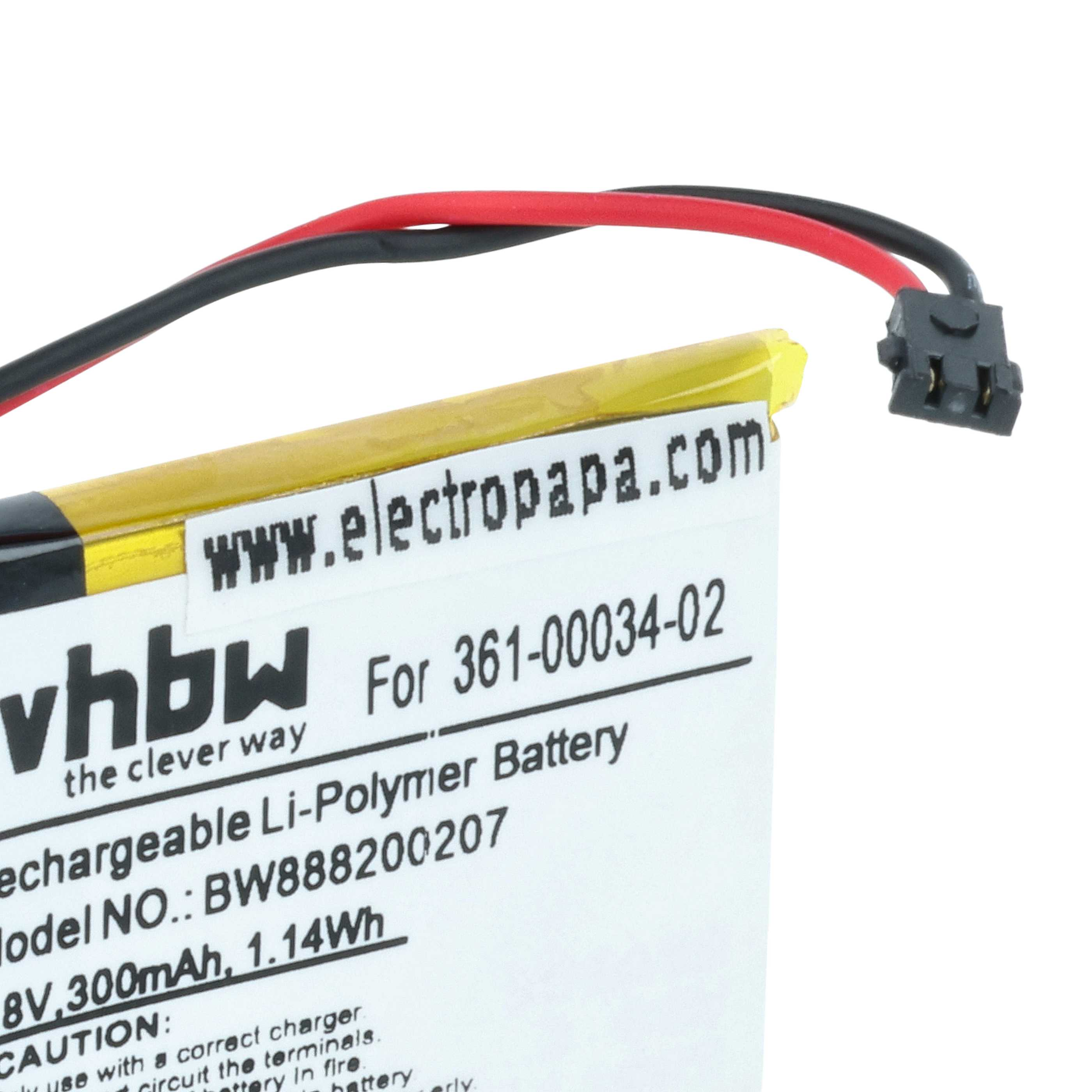 Ein Akku mit schwarzen und roten Drähten und einem schwarzen Stecker. Text enthält 'vhbw' und 'electropapa.com'.