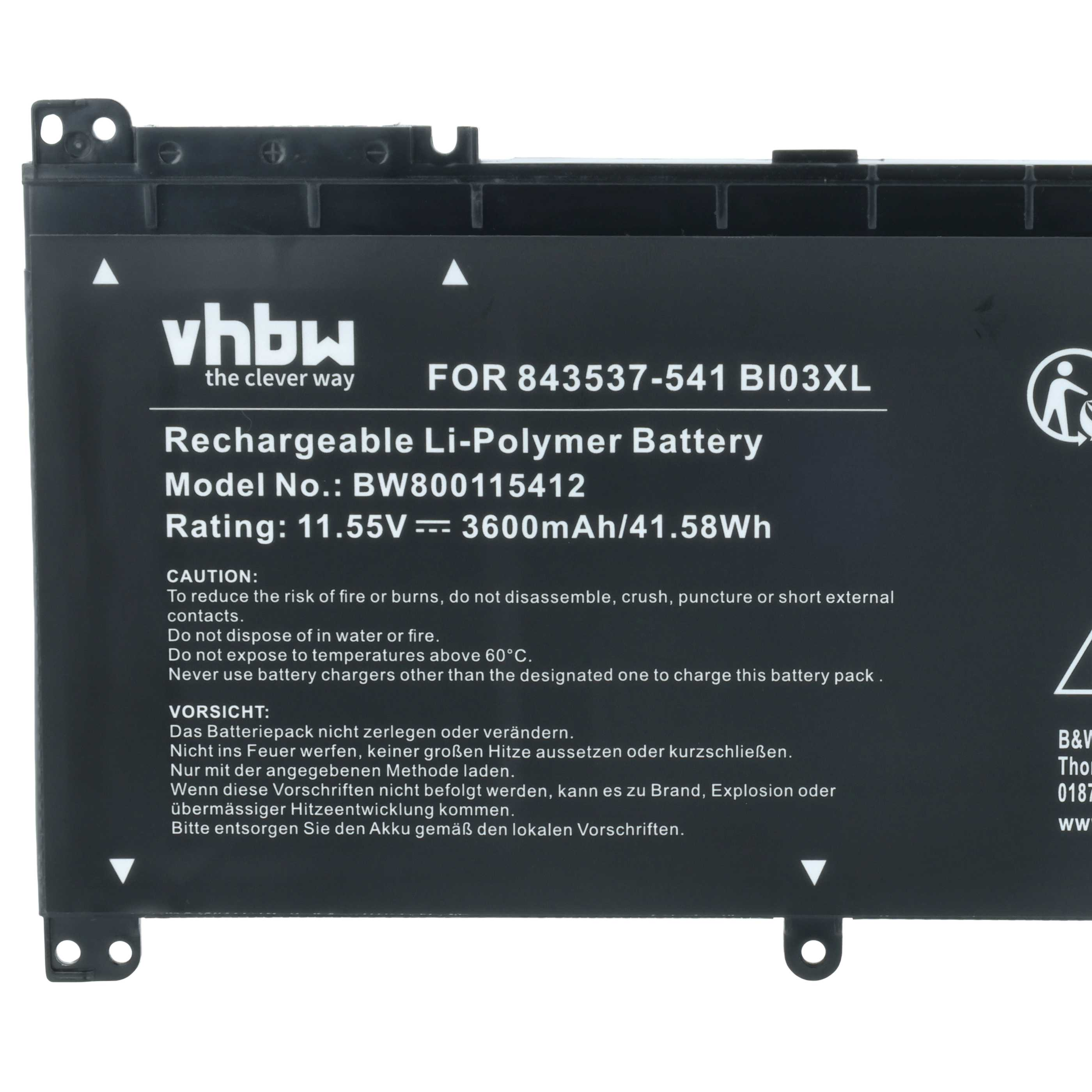 Schwarzer Akku mit weißem Text. Text enthält 'vhbw', 'Rechargeable Li-Polymer Battery' und Warnhinweise.