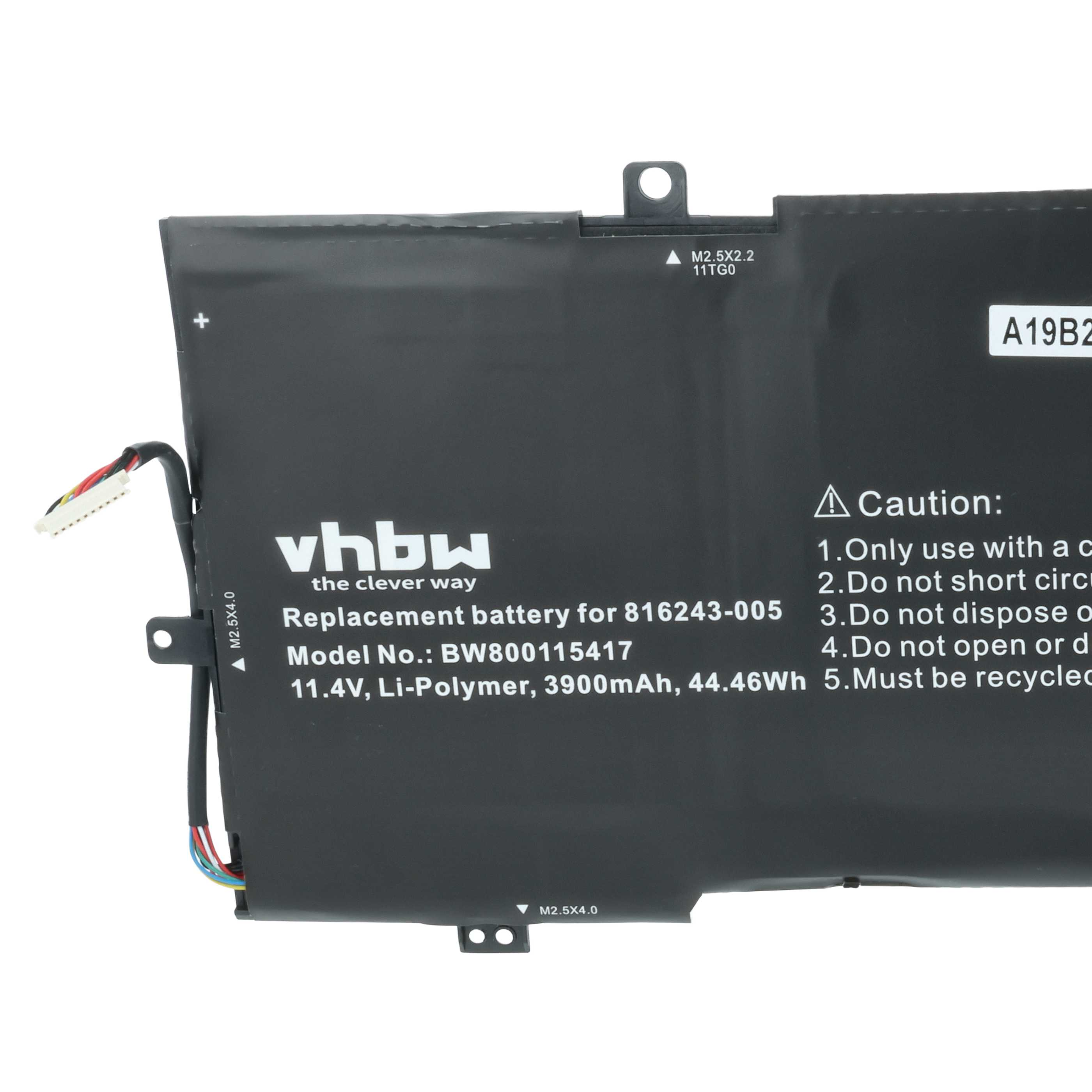 Ein schwarzer Akku mit weißem Text. Er hat Warnhinweise und einen Stecker mit farbigen Drähten.