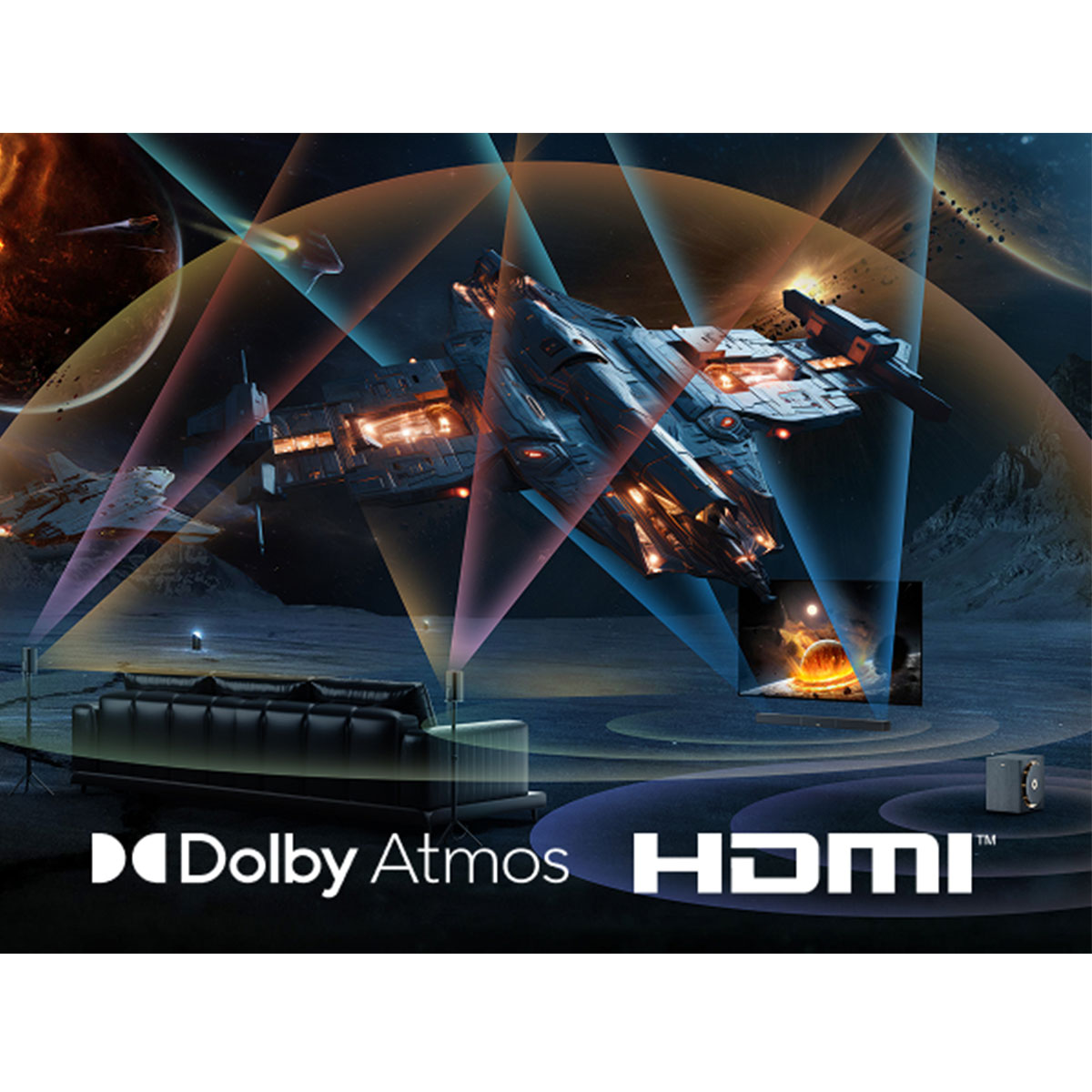 Scena science-fiction z statkami kosmicznymi, sofą i logo Dolby Atmos/HDMI. Kolorowe wiązki światła.